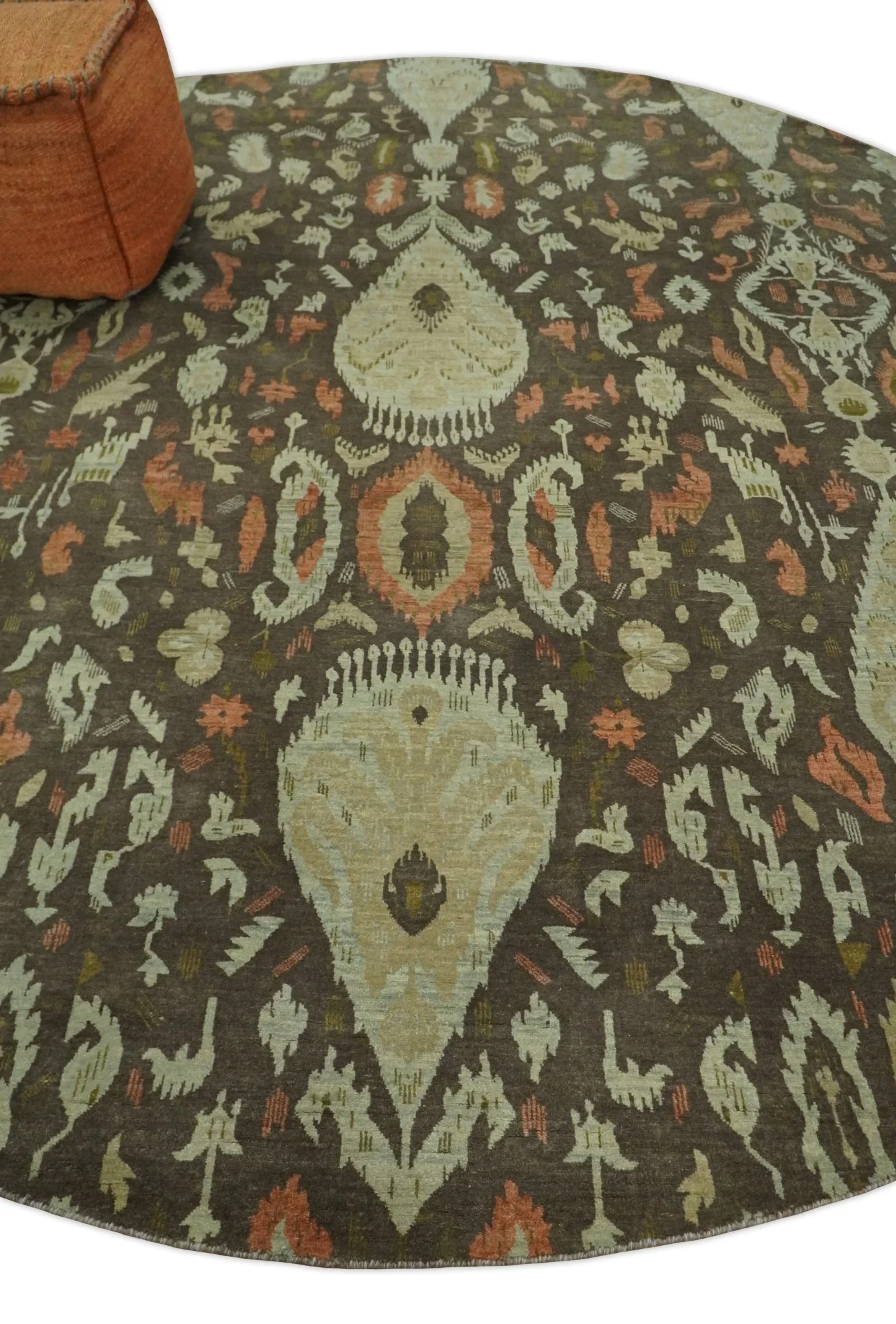 10x10 Round Fine Hand Knotted Green, Rust and Olive Traditional Vintage Persian Style Antique Wool Rug | AGR47 - Image 3