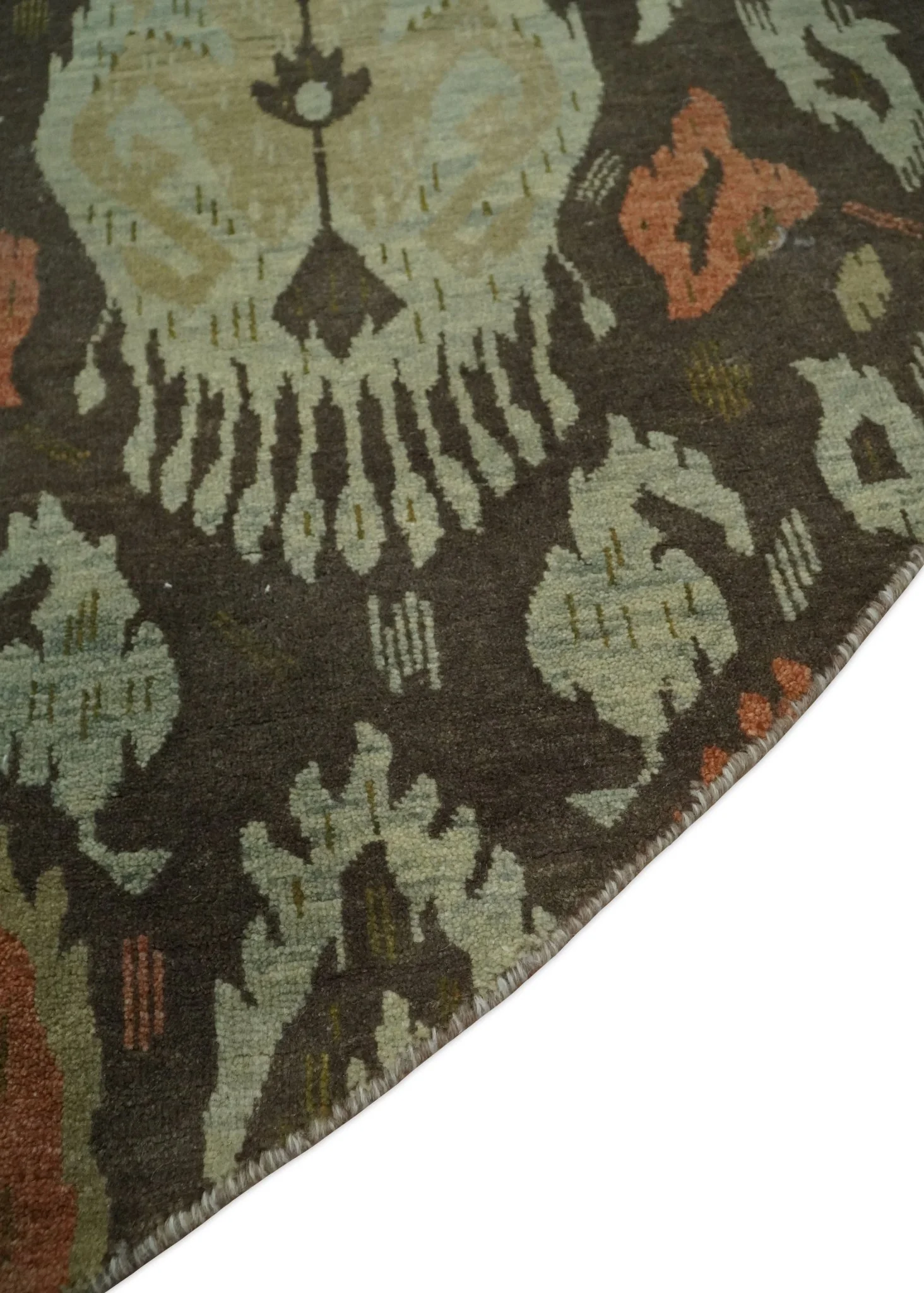 10x10 Round Fine Hand Knotted Green, Rust and Olive Traditional Vintage Persian Style Antique Wool Rug | AGR47 - Image 5