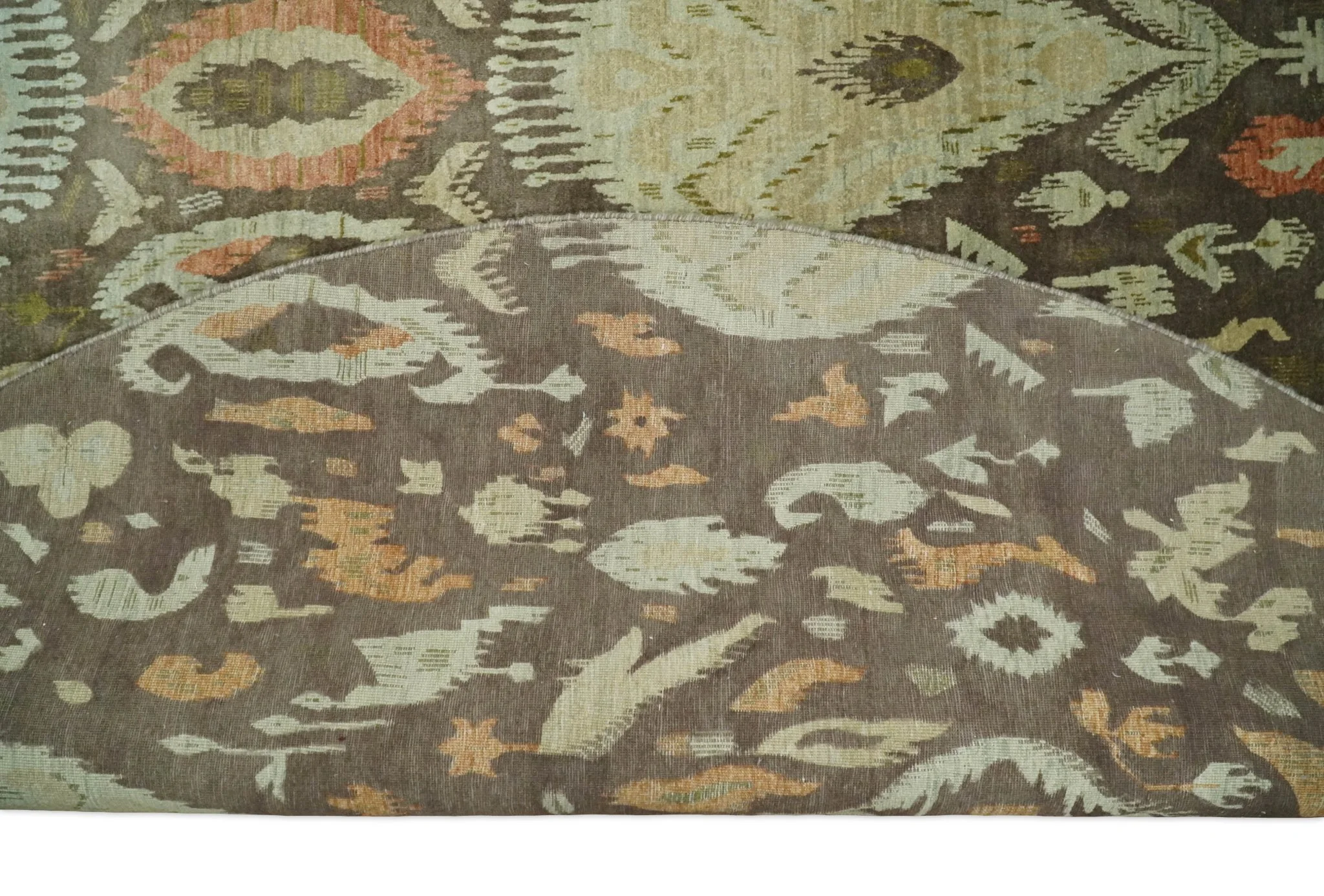 10x10 Round Fine Hand Knotted Green, Rust and Olive Traditional Vintage Persian Style Antique Wool Rug | AGR47 - Image 7