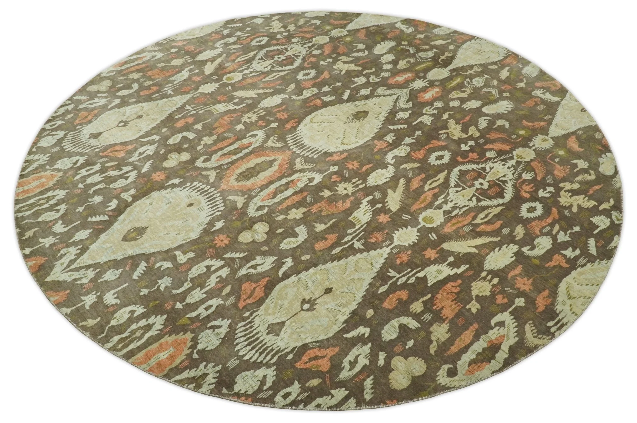 10x10 Round Fine Hand Knotted Green, Rust and Olive Traditional Vintage Persian Style Antique Wool Rug | AGR47 - Image 9