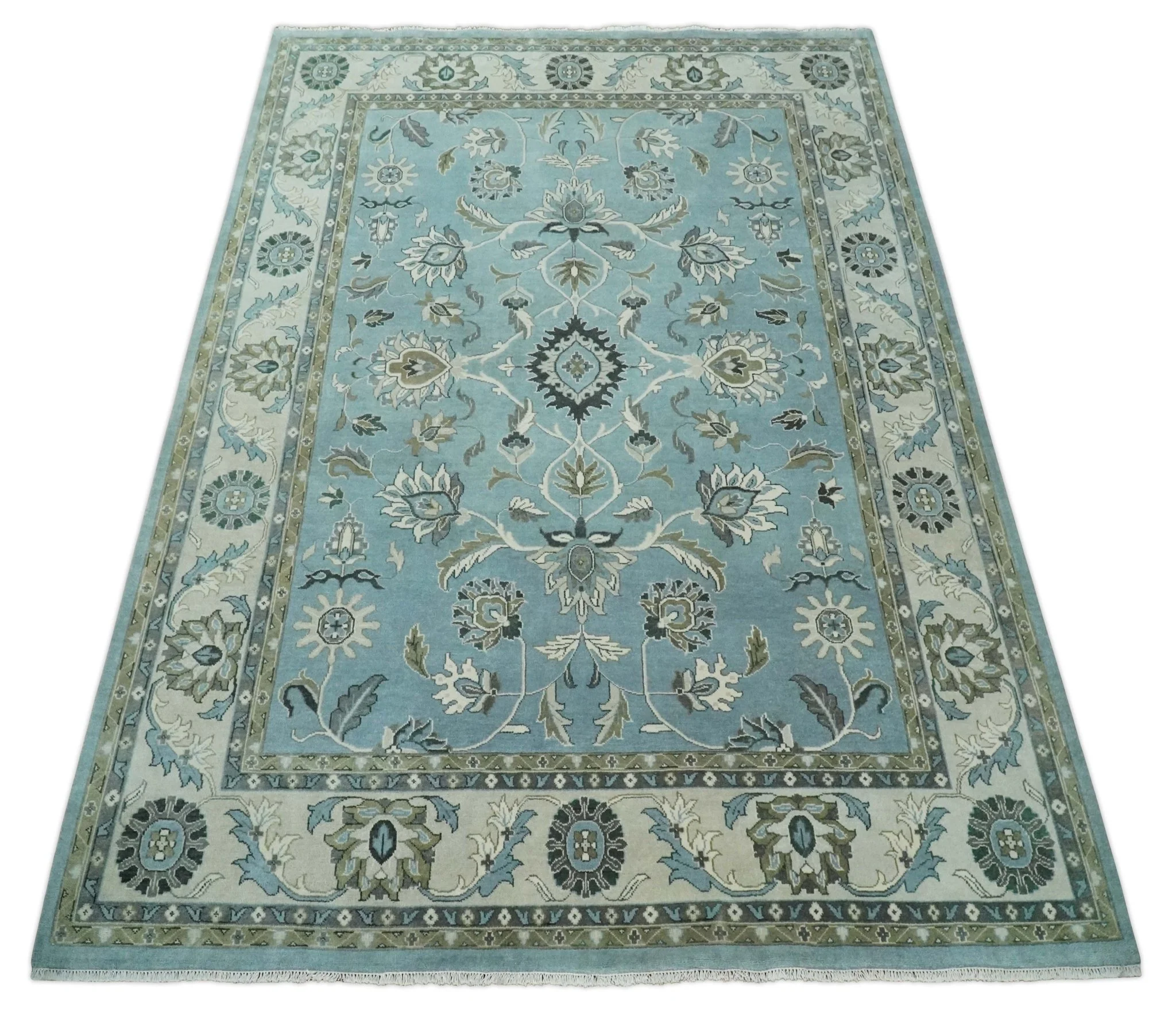 10x14 Antique Hand Knotted Blue and Ivory Traditional Vintage Persian Oushak Wool Rug | TRDCP10141014 - Image 10