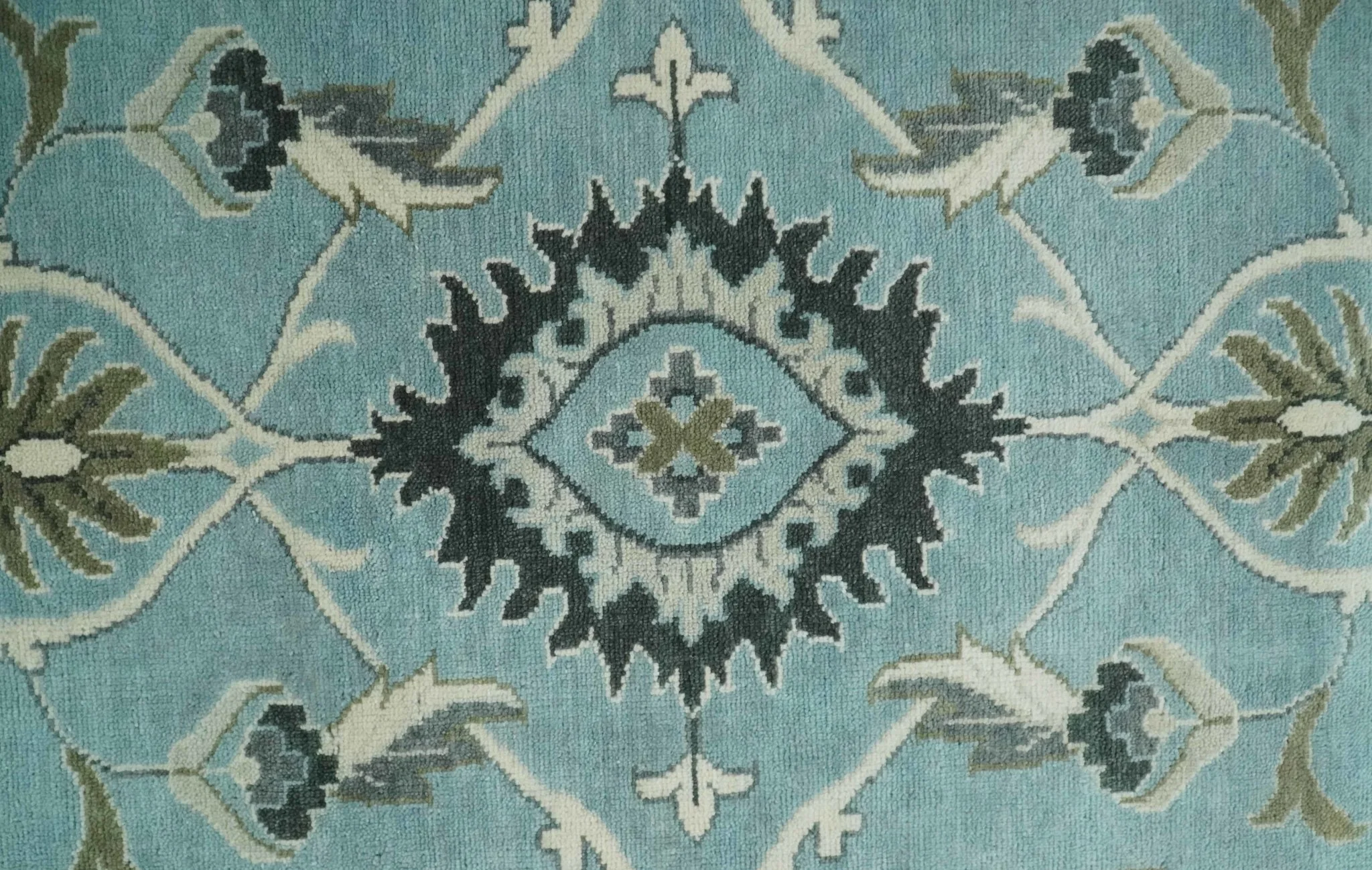 10x14 Antique Hand Knotted Blue and Ivory Traditional Vintage Persian Oushak Wool Rug | TRDCP10141014 - Image 11