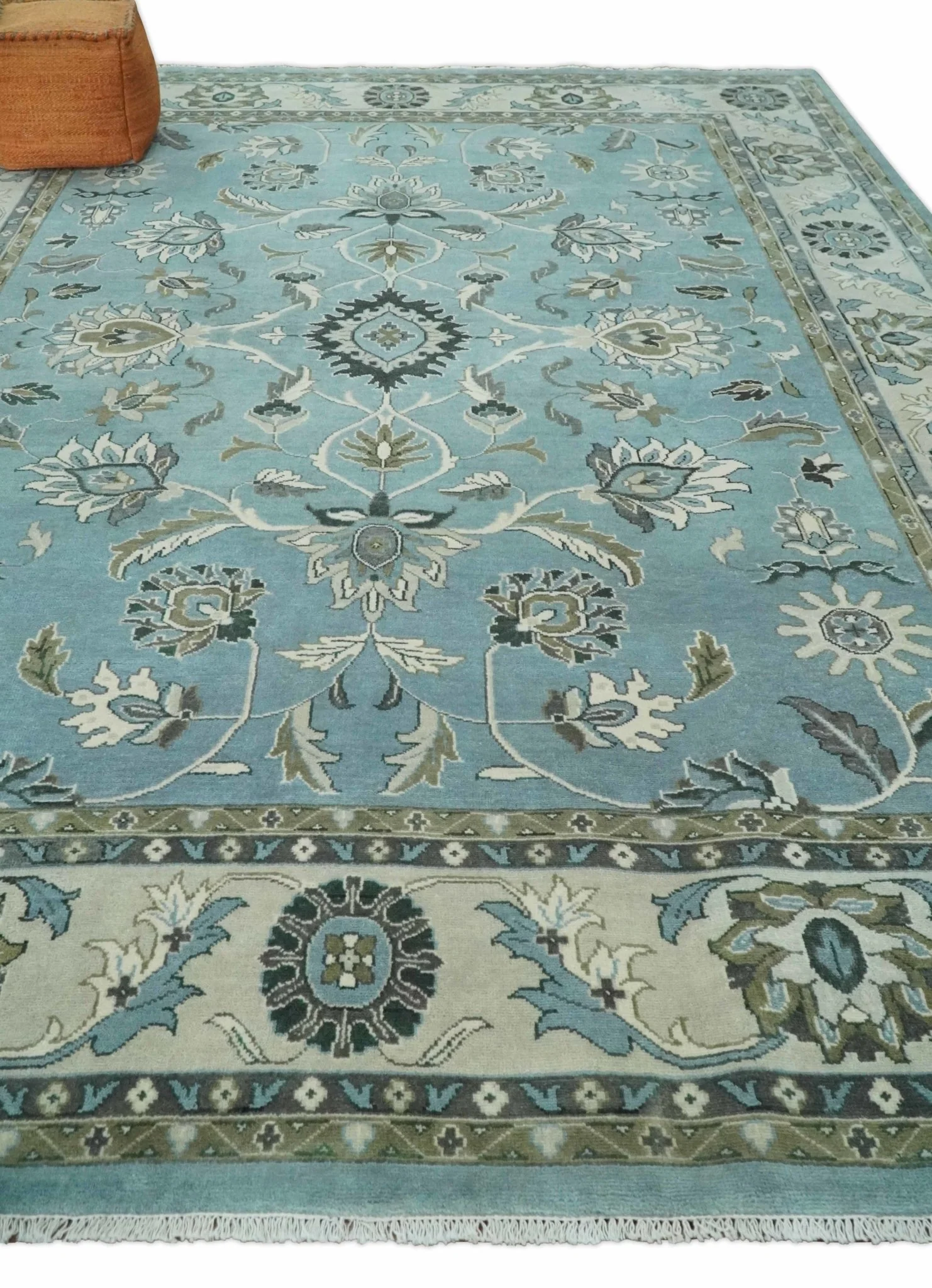10x14 Antique Hand Knotted Blue and Ivory Traditional Vintage Persian Oushak Wool Rug | TRDCP10141014 - Image 3