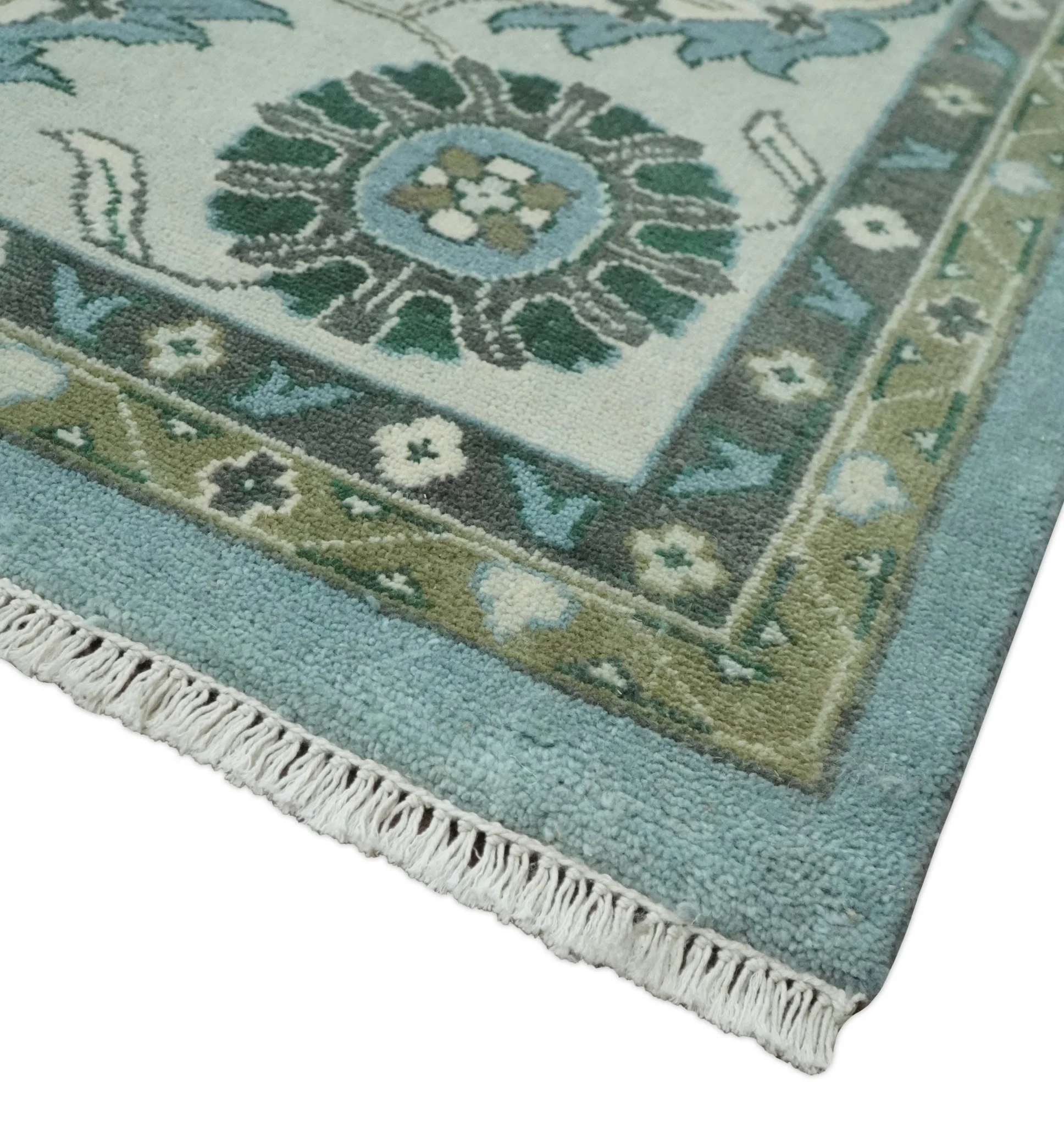 10x14 Antique Hand Knotted Blue and Ivory Traditional Vintage Persian Oushak Wool Rug | TRDCP10141014 - Image 5