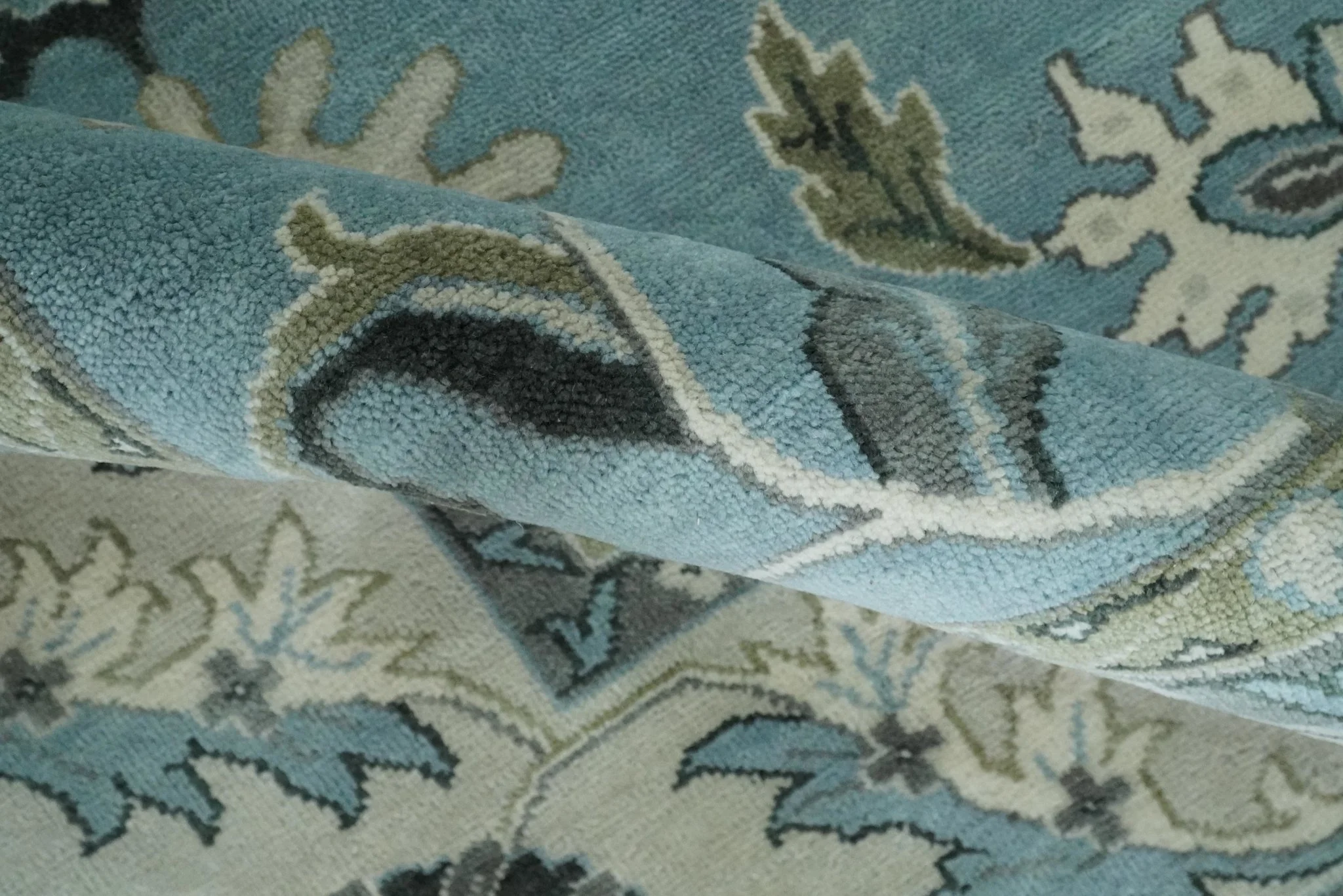 10x14 Antique Hand Knotted Blue and Ivory Traditional Vintage Persian Oushak Wool Rug | TRDCP10141014 - Image 6