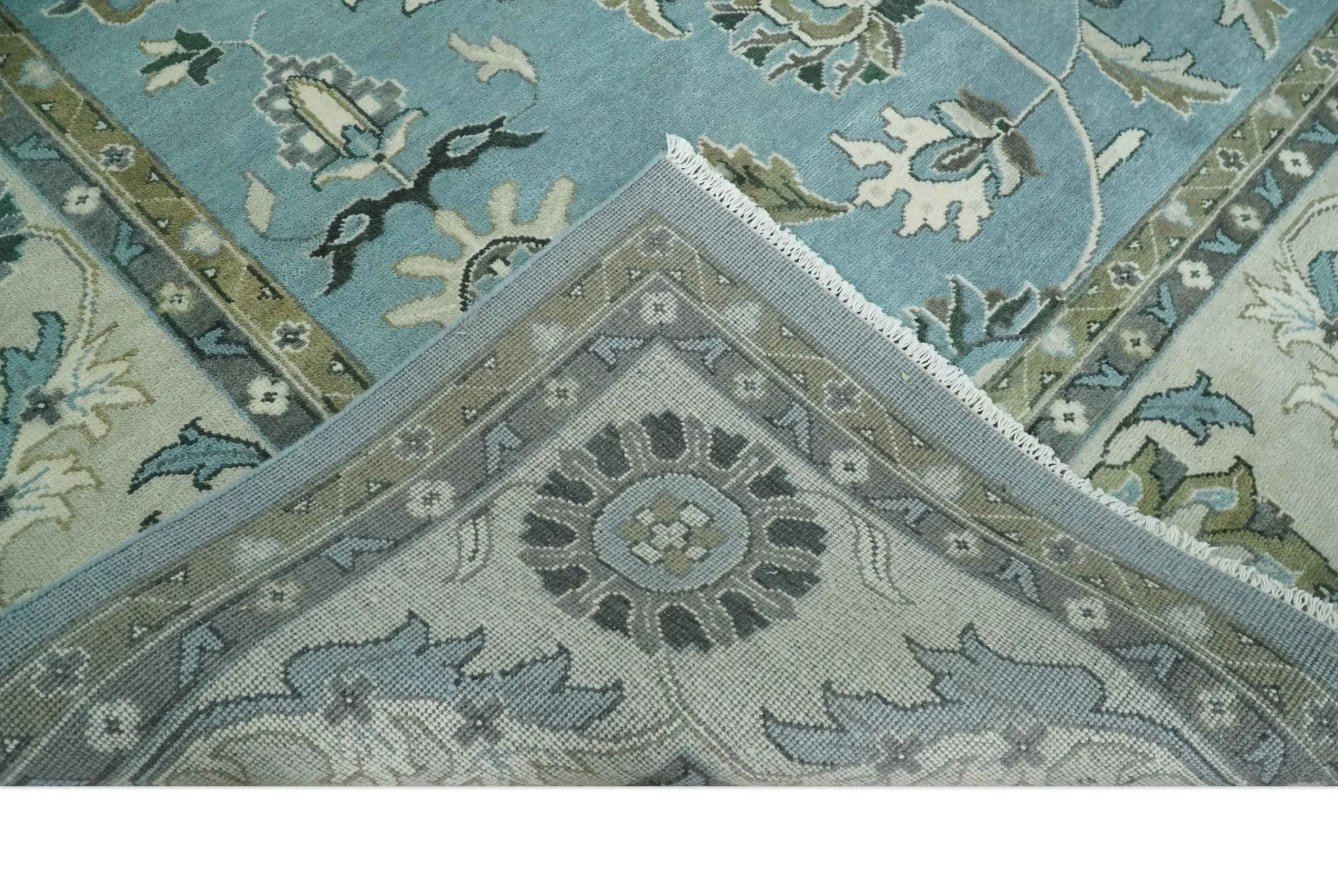 10x14 Antique Hand Knotted Blue and Ivory Traditional Vintage Persian Oushak Wool Rug | TRDCP10141014 - Image 7