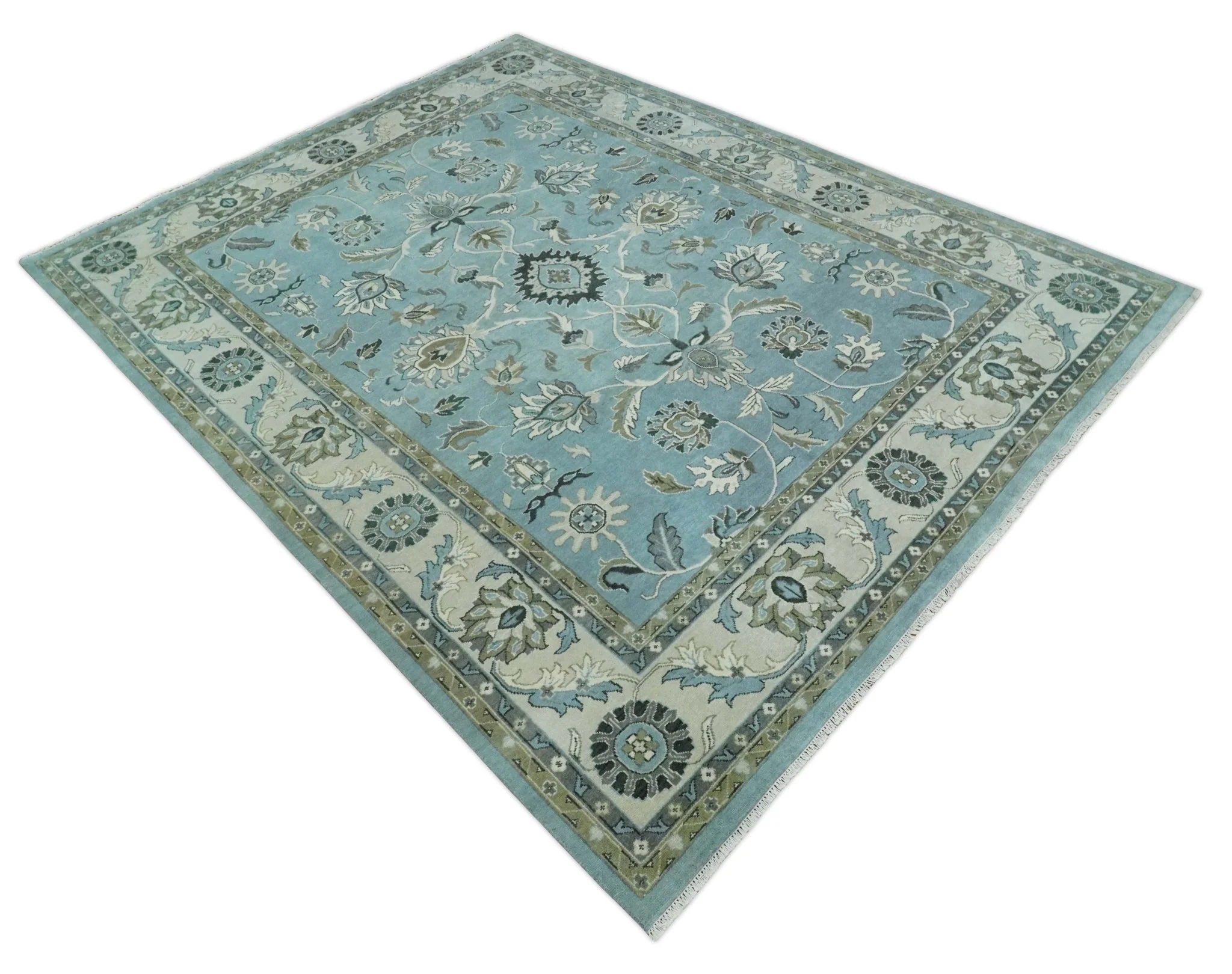 10x14 Antique Hand Knotted Blue and Ivory Traditional Vintage Persian Oushak Wool Rug | TRDCP10141014 - Image 9
