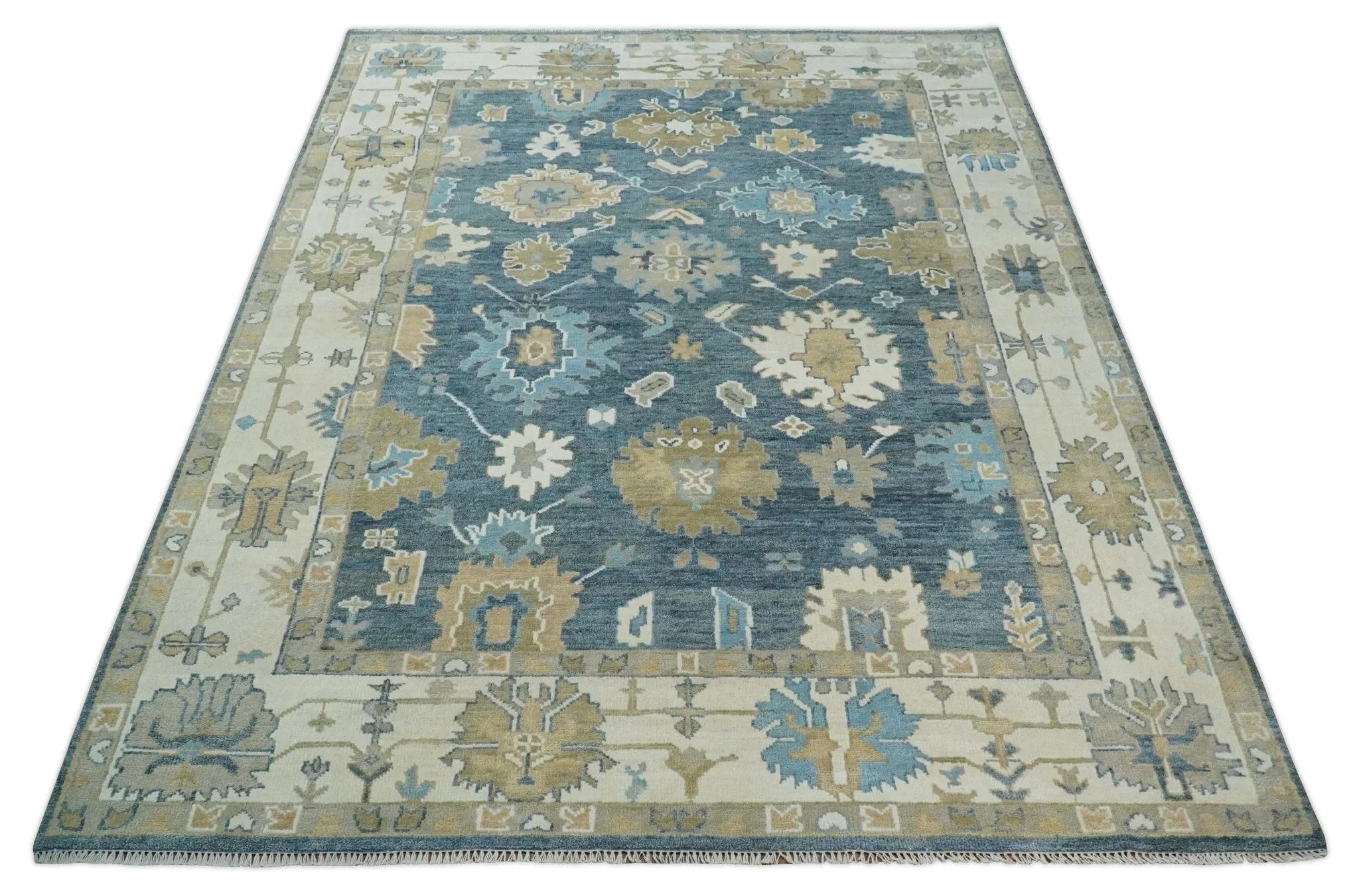 10x14 Antique Style Hand Knotted Blue, Ivory and Beige Traditional Vintage Oushak Wool Rug | TRDCP15721014 - Image 10