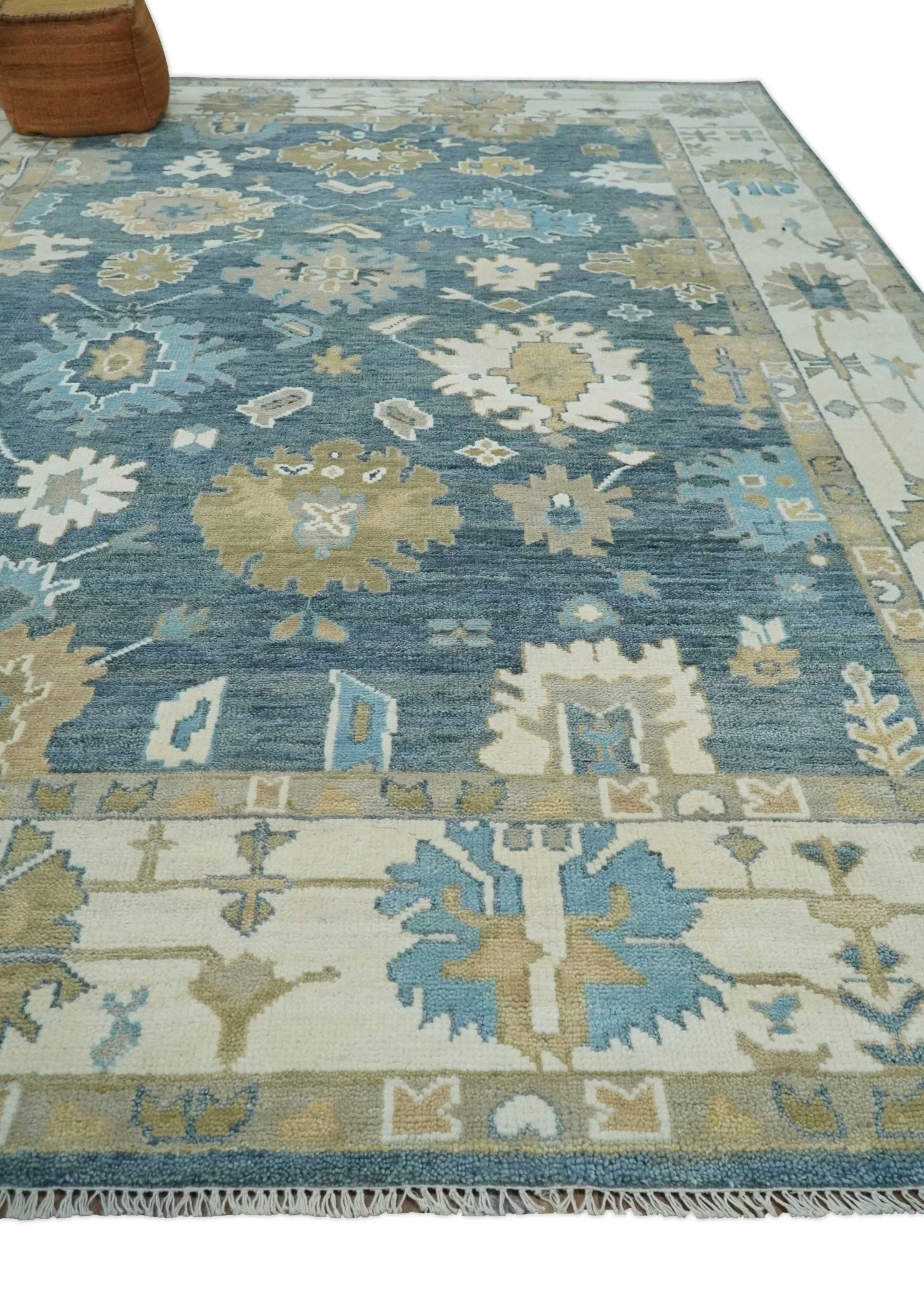 10x14 Antique Style Hand Knotted Blue, Ivory and Beige Traditional Vintage Oushak Wool Rug | TRDCP15721014 - Image 3