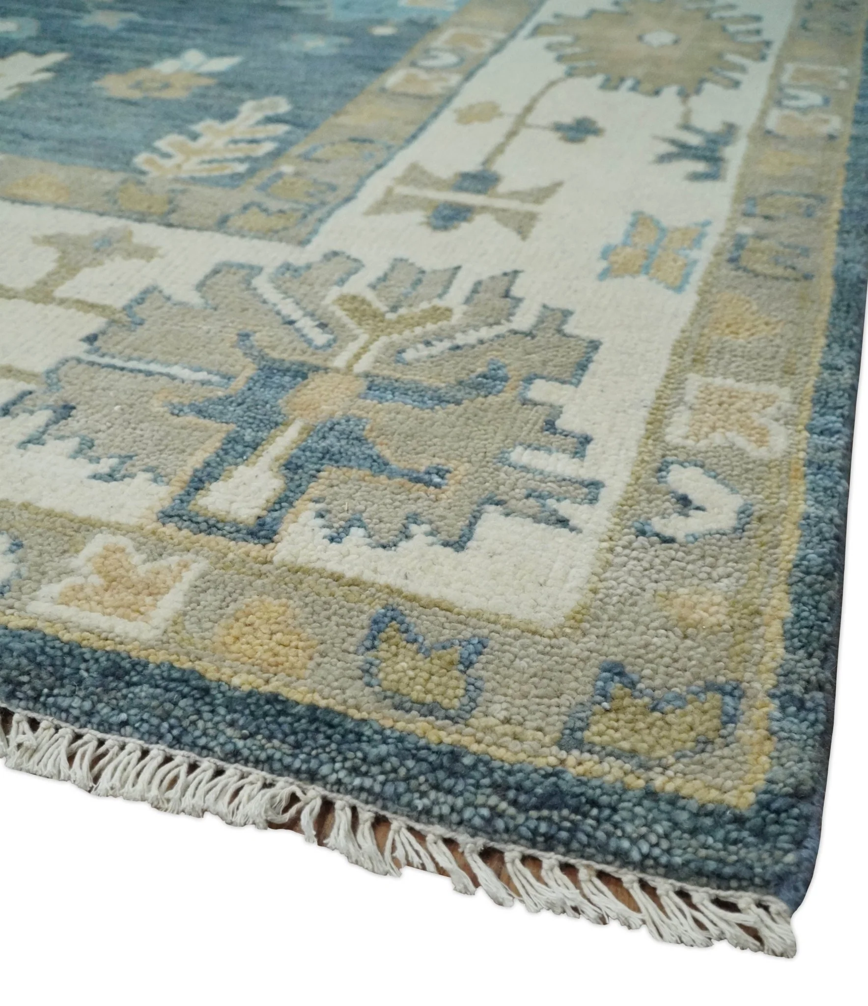 10x14 Antique Style Hand Knotted Blue, Ivory and Beige Traditional Vintage Oushak Wool Rug | TRDCP15721014 - Image 5