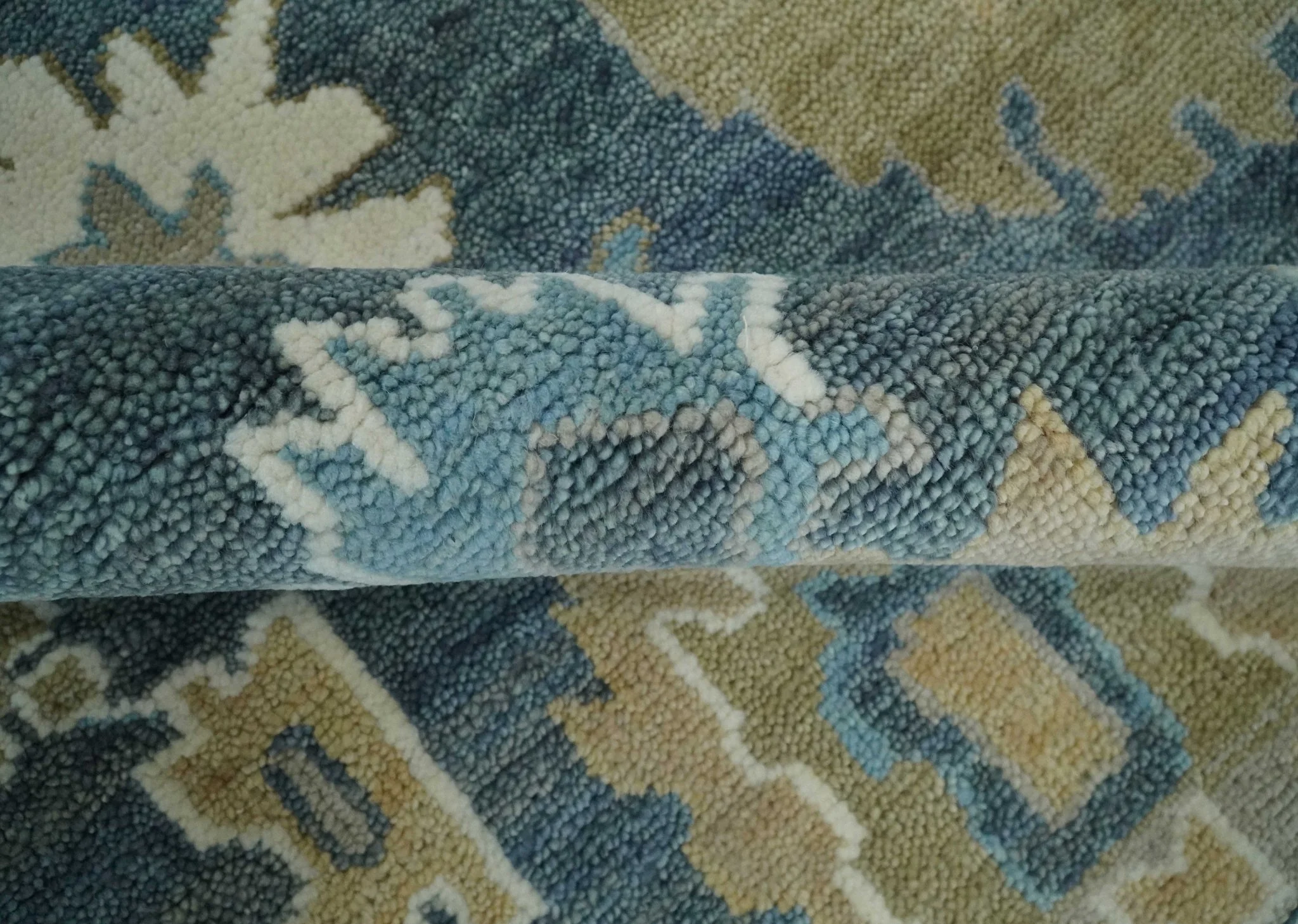10x14 Antique Style Hand Knotted Blue, Ivory and Beige Traditional Vintage Oushak Wool Rug | TRDCP15721014 - Image 6