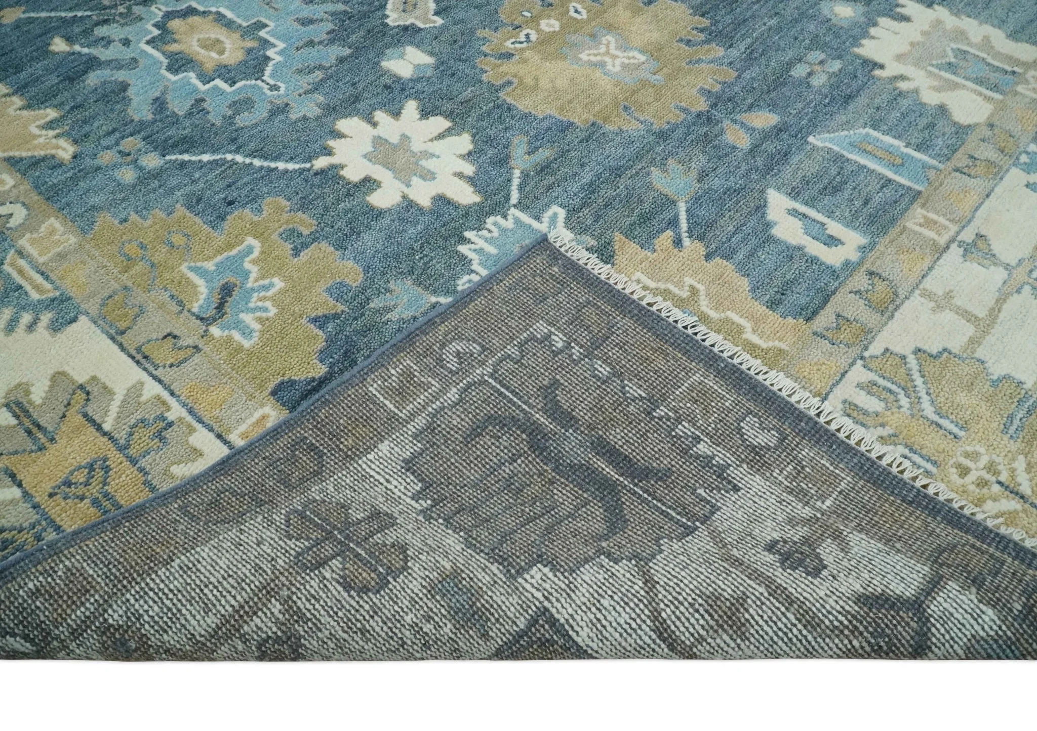 10x14 Antique Style Hand Knotted Blue, Ivory and Beige Traditional Vintage Oushak Wool Rug | TRDCP15721014 - Image 7