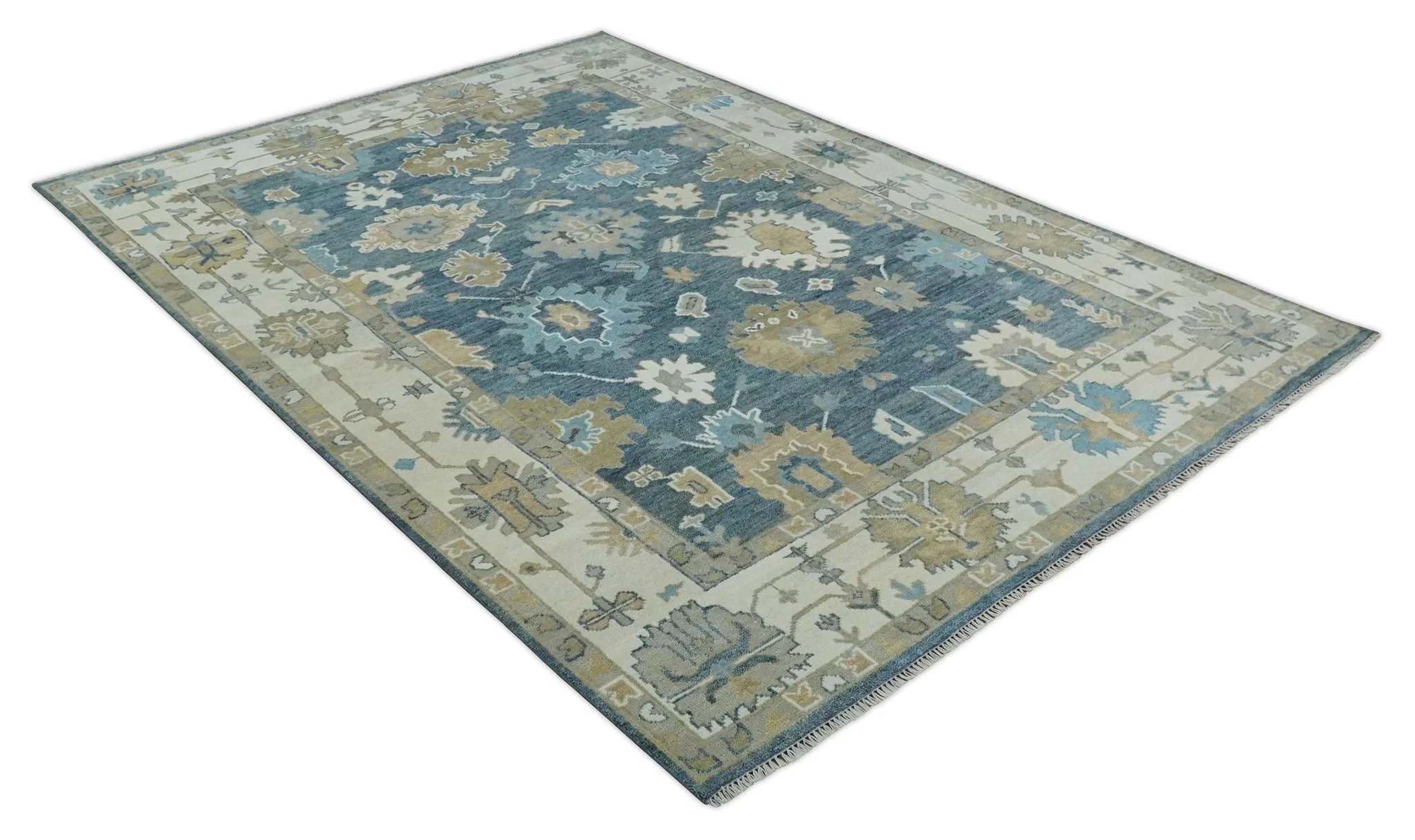 10x14 Antique Style Hand Knotted Blue, Ivory and Beige Traditional Vintage Oushak Wool Rug | TRDCP15721014 - Image 9