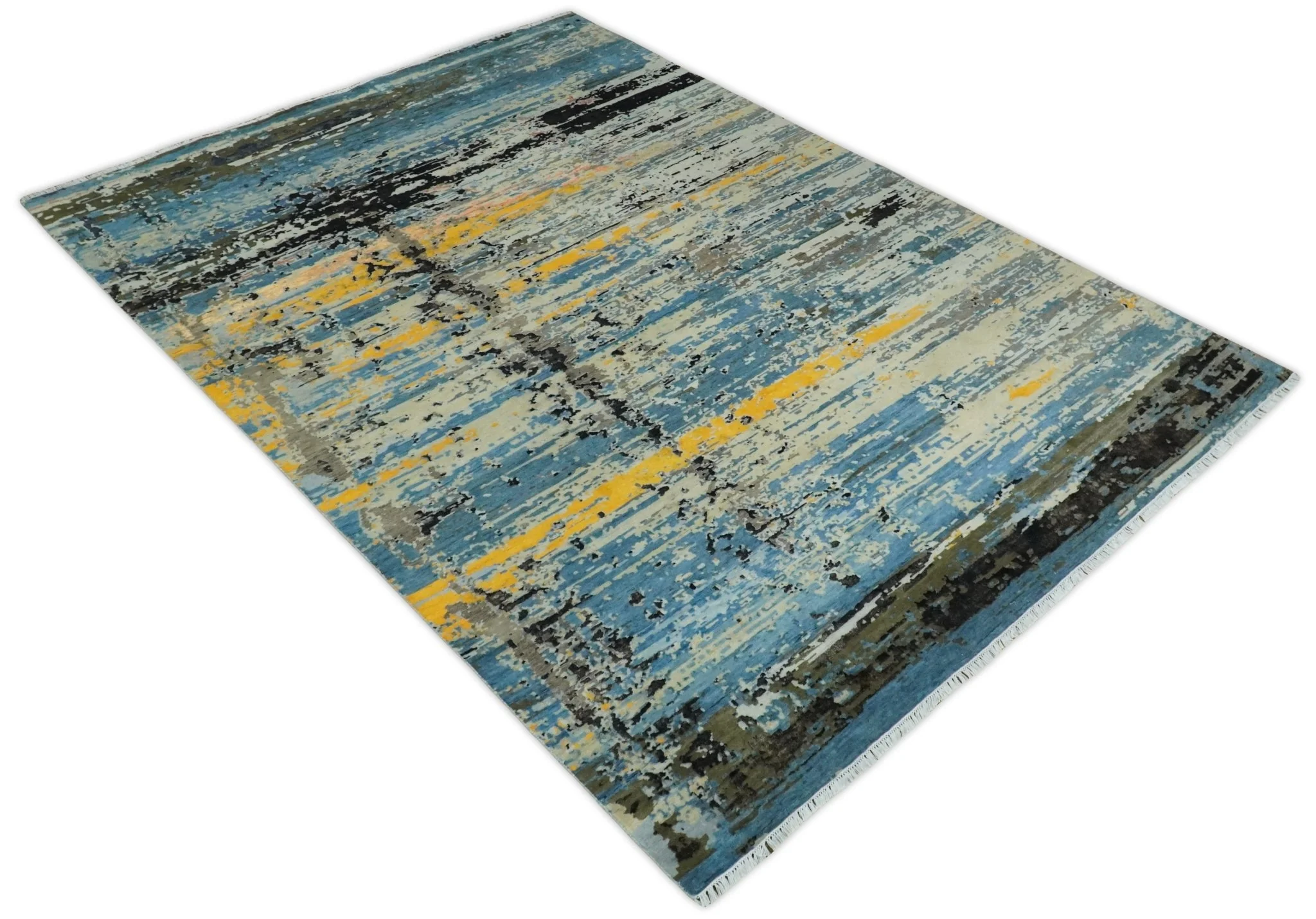 10x14 Fine Hand Knotted Blue and Black Modern Abstract Style Antique Wool and Silk Area Rug | AGR49 - Image 10