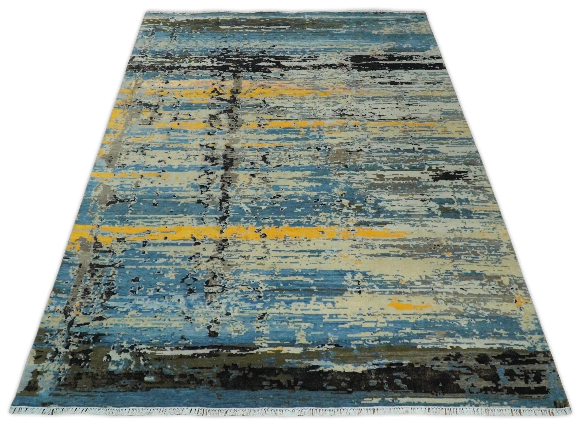 10x14 Fine Hand Knotted Blue and Black Modern Abstract Style Antique Wool and Silk Area Rug | AGR49 - Image 11