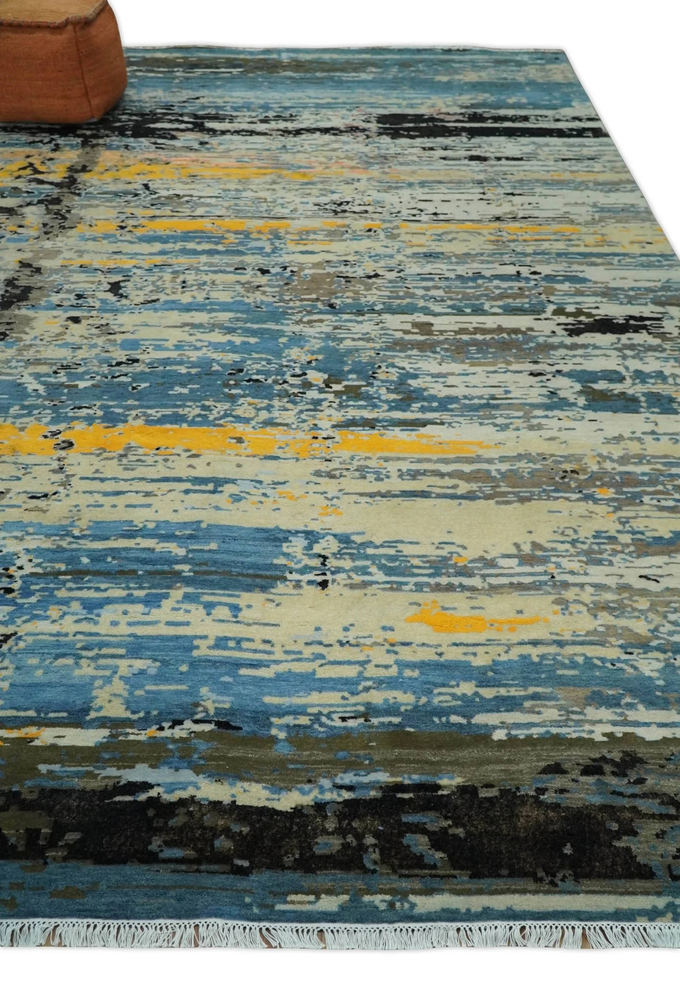 10x14 Fine Hand Knotted Blue and Black Modern Abstract Style Antique Wool and Silk Area Rug | AGR49 - Image 3