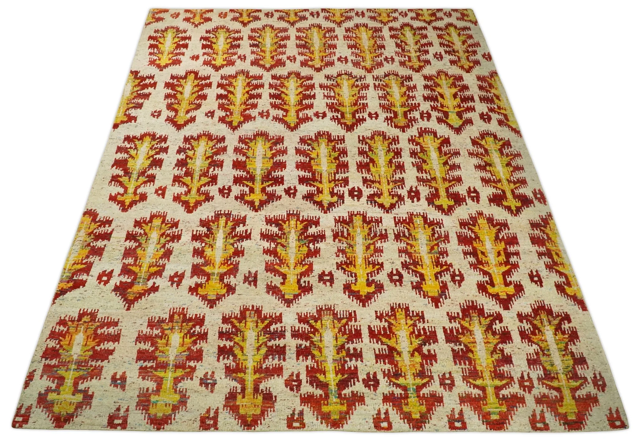8x10 and 10x14 Hand Knotted Beige, Rust and Gold Modern Contemporary Southwestern Tribal Trellis Recycled Silk Area Rug | OP24 - Image 11