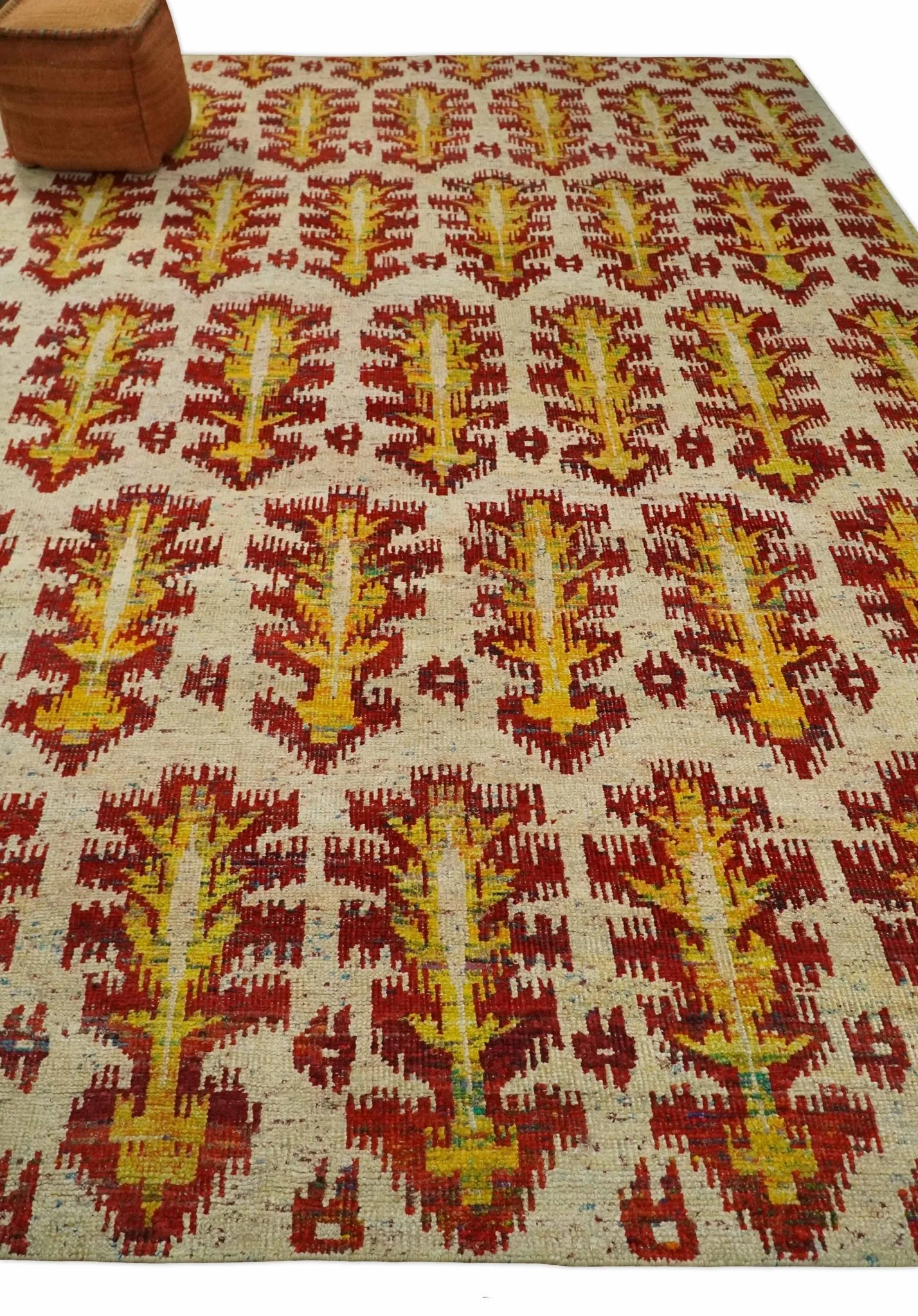 8x10 and 10x14 Hand Knotted Beige, Rust and Gold Modern Contemporary Southwestern Tribal Trellis Recycled Silk Area Rug | OP24 - Image 3