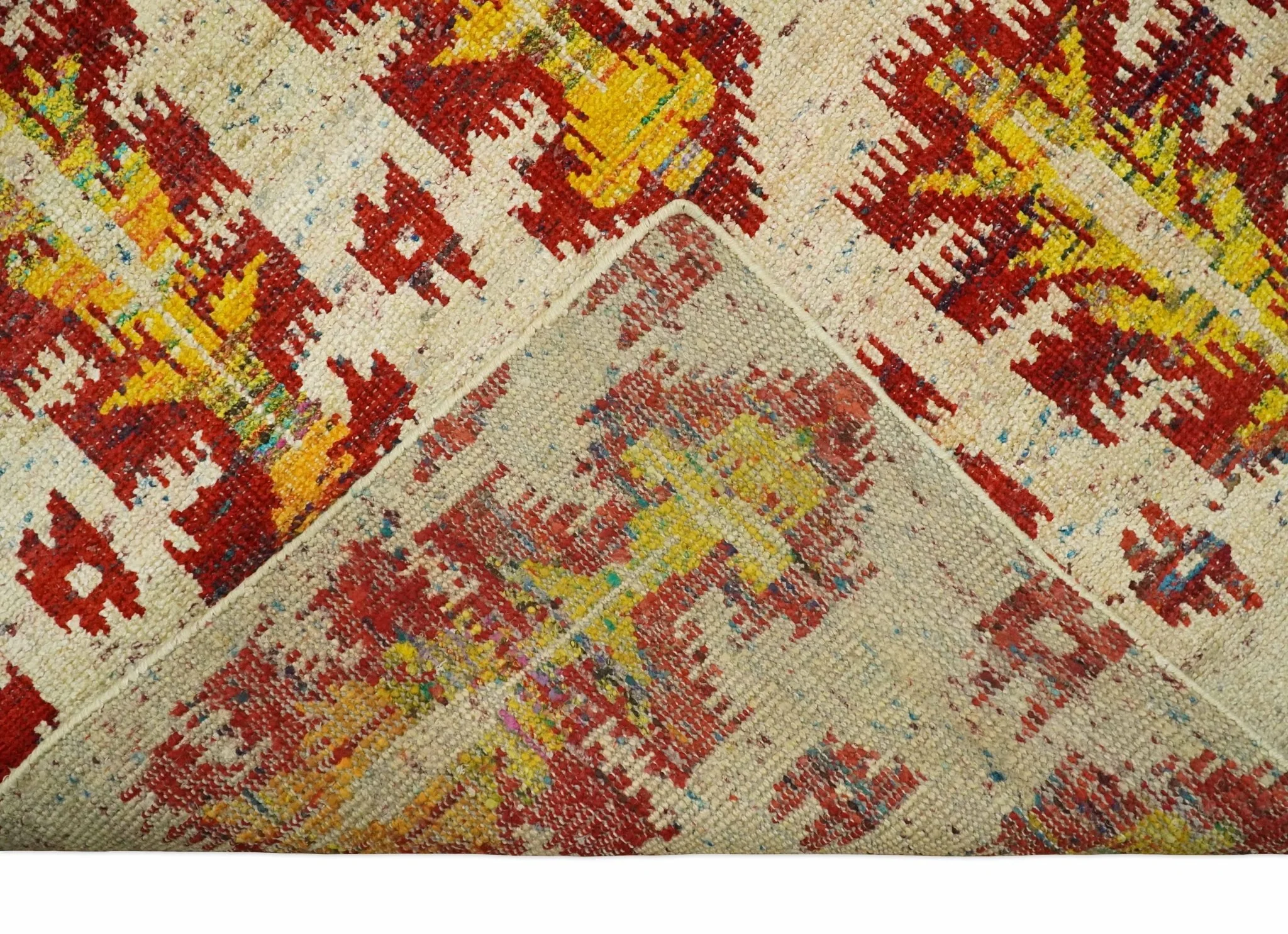 8x10 and 10x14 Hand Knotted Beige, Rust and Gold Modern Contemporary Southwestern Tribal Trellis Recycled Silk Area Rug | OP24 - Image 7