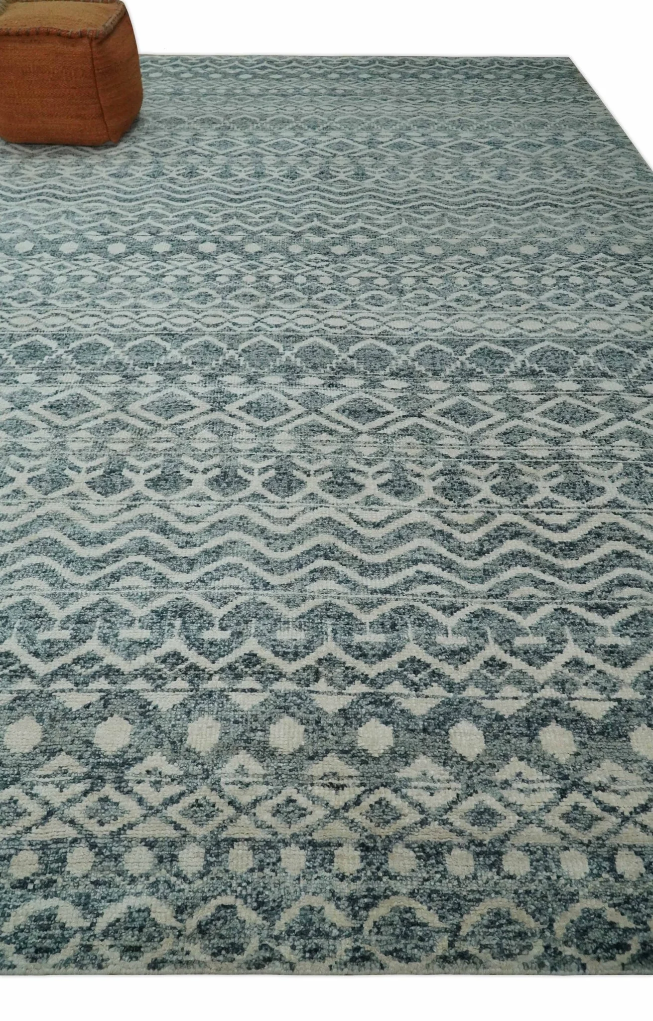 9x13 Hand Knotted Ivory and Teal Blue Modern Contemporary Southwestern Tribal Trellis Recycled Silk Area Rug | OP51 - Image 3