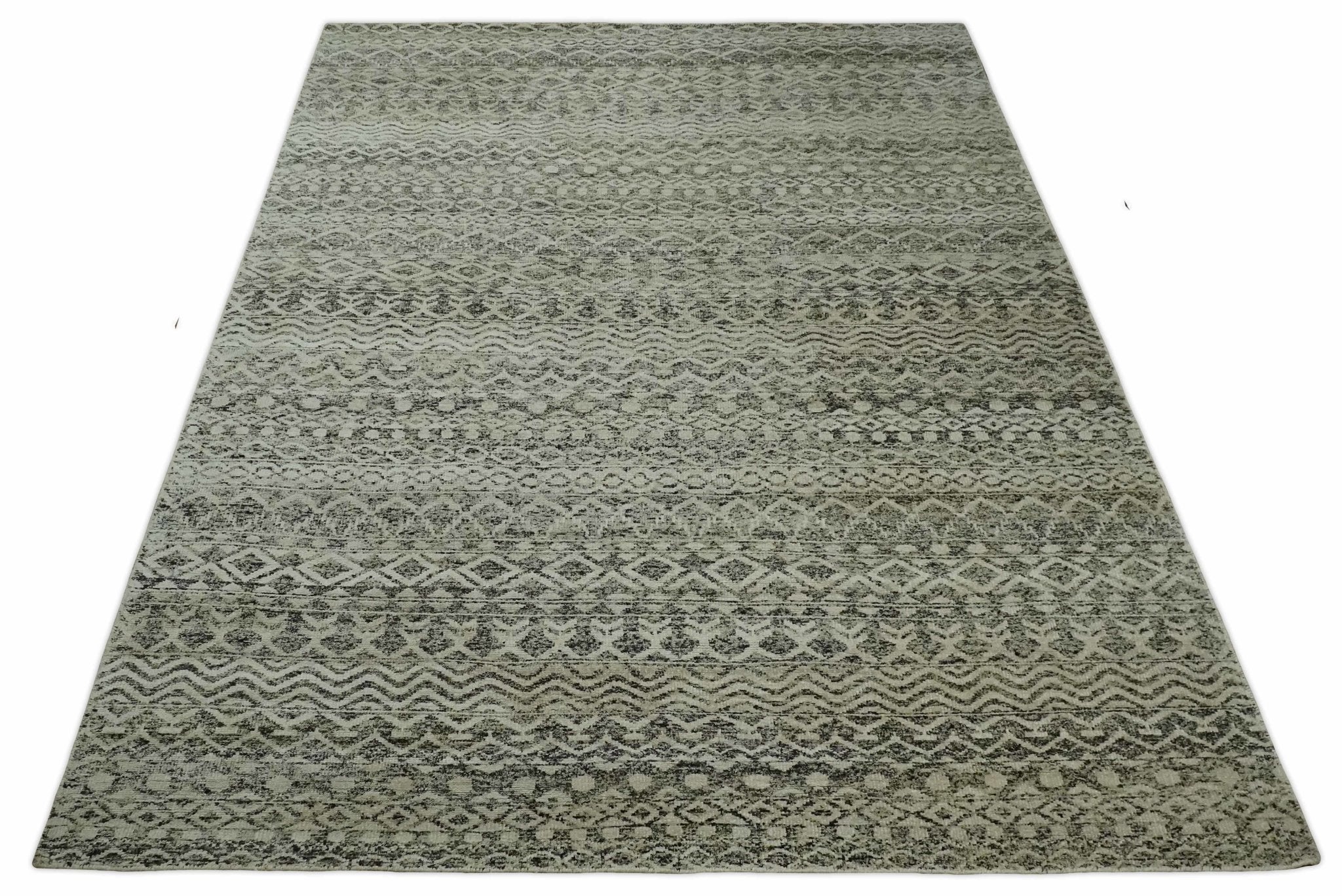 10x14 Hand Knotted Ivory, Black and Olive Modern Contemporary Southwestern Tribal Trellis Recycled Silk Area Rug | OP50 - Image 11
