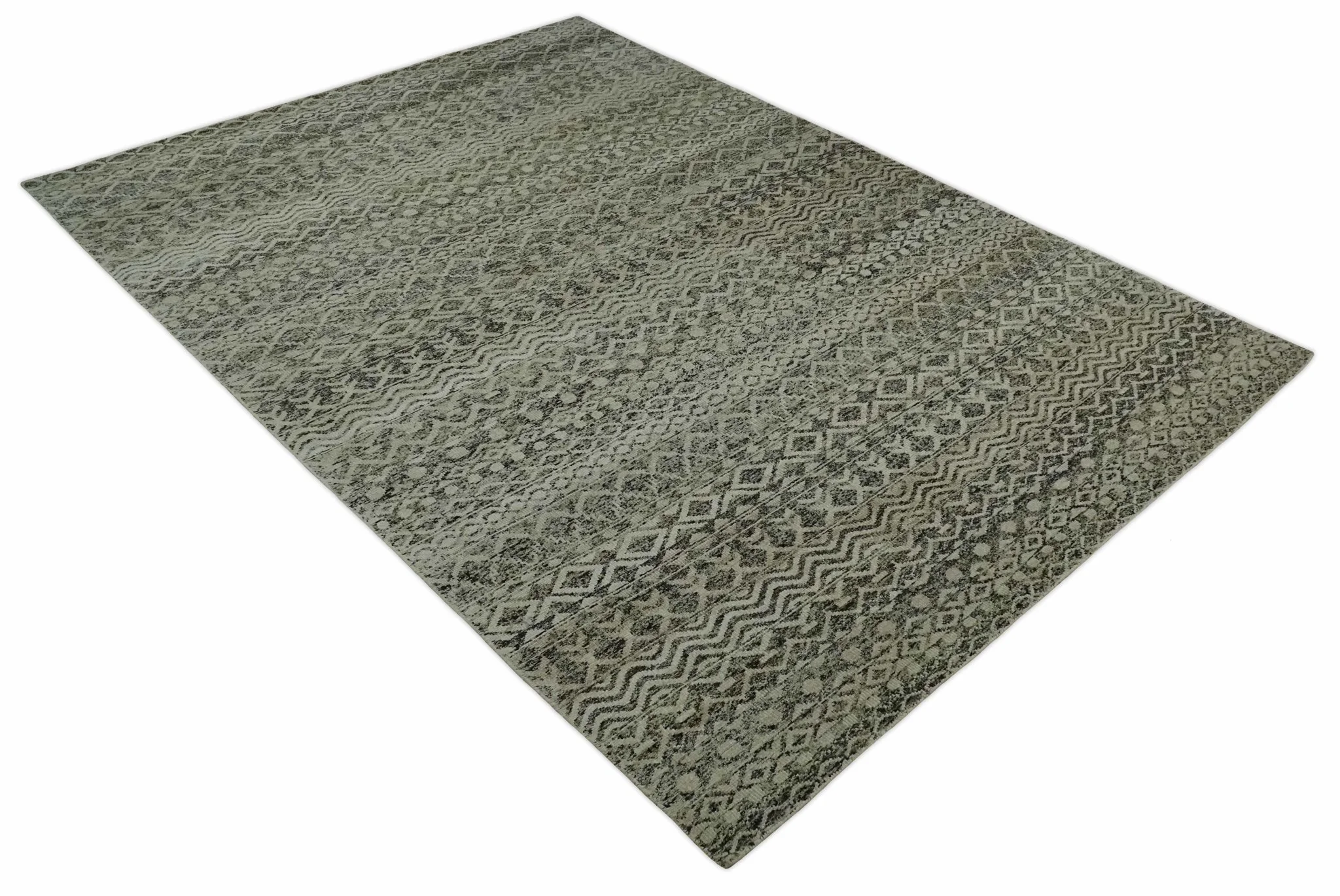 10x14 Hand Knotted Ivory, Black and Olive Modern Contemporary Southwestern Tribal Trellis Recycled Silk Area Rug | OP50 - Image 12