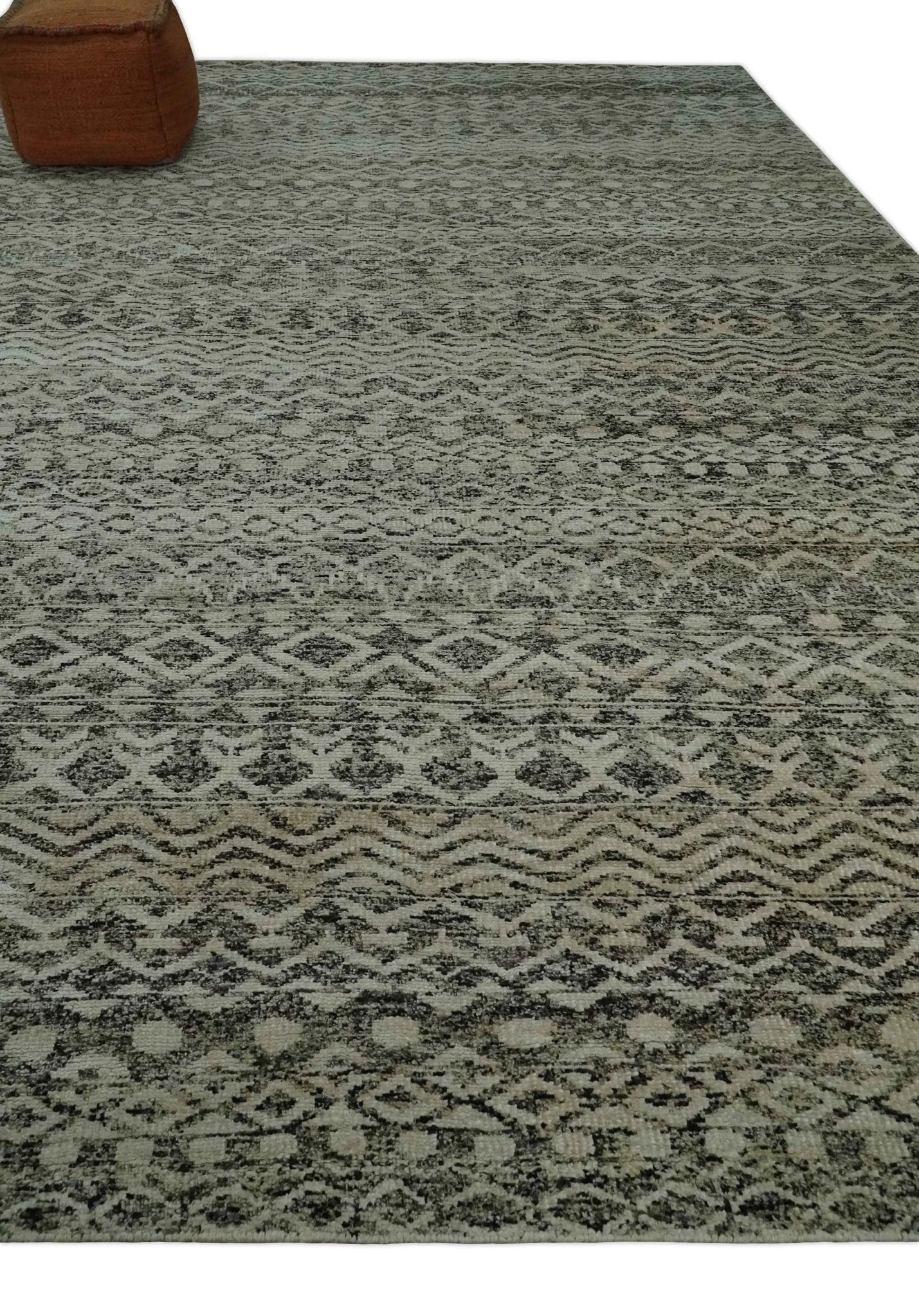 10x14 Hand Knotted Ivory, Black and Olive Modern Contemporary Southwestern Tribal Trellis Recycled Silk Area Rug | OP50 - Image 3