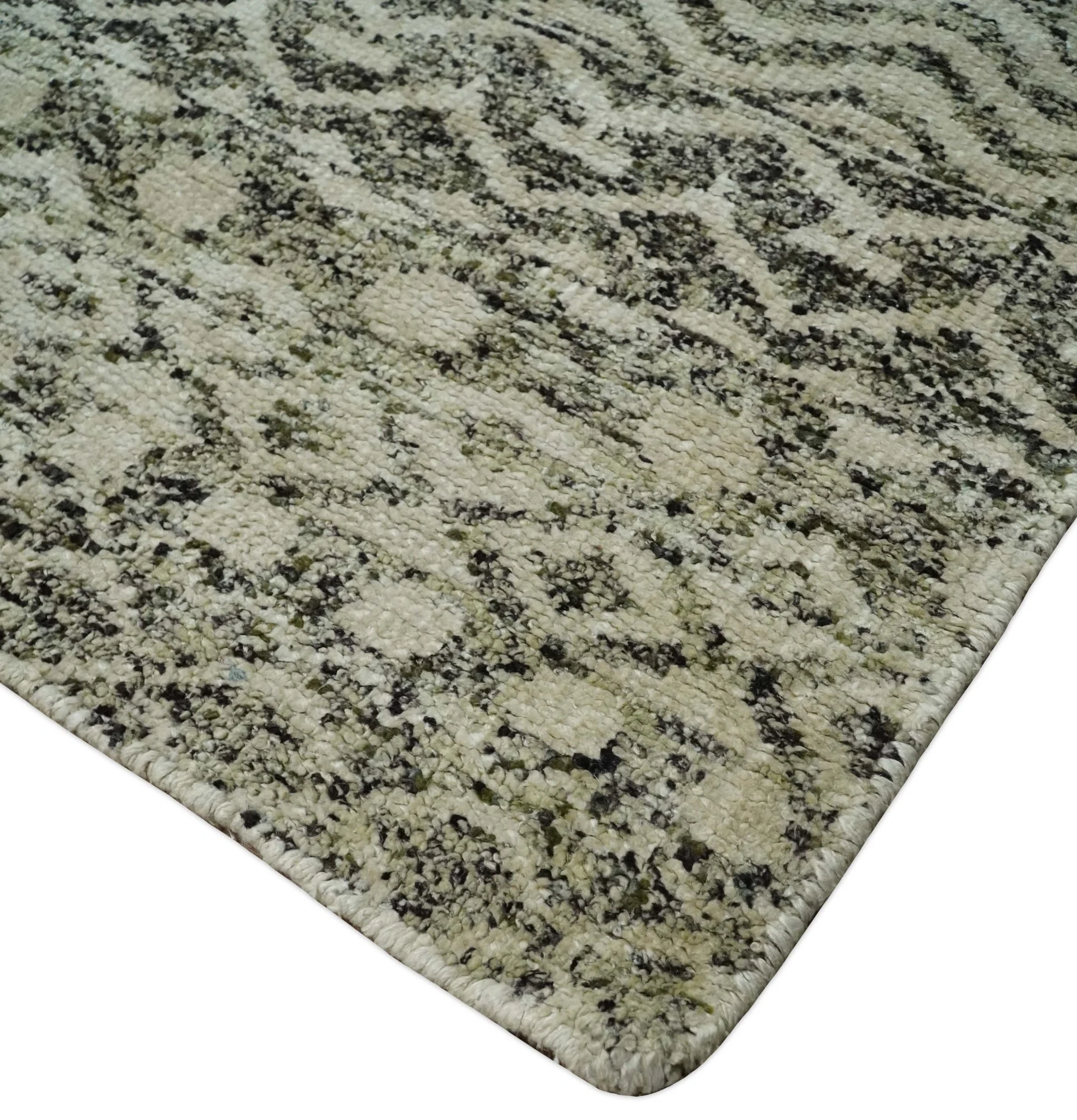 10x14 Hand Knotted Ivory, Black and Olive Modern Contemporary Southwestern Tribal Trellis Recycled Silk Area Rug | OP50 - Image 5