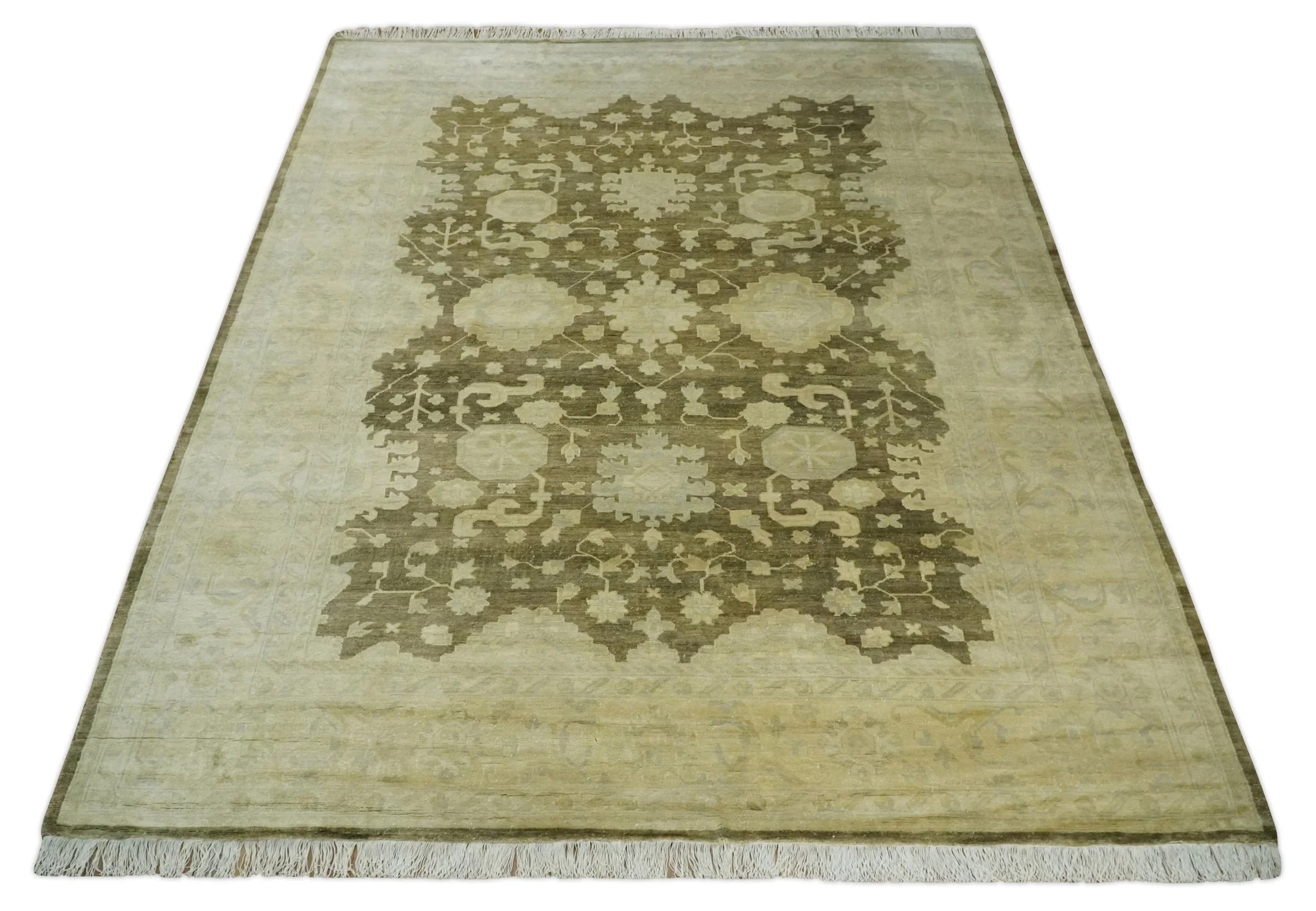 Antique Style 10x14 Hand Knotted Brown and Beige Traditional Oushak Wool Rug, Large Rug | N3751014 - Image 10