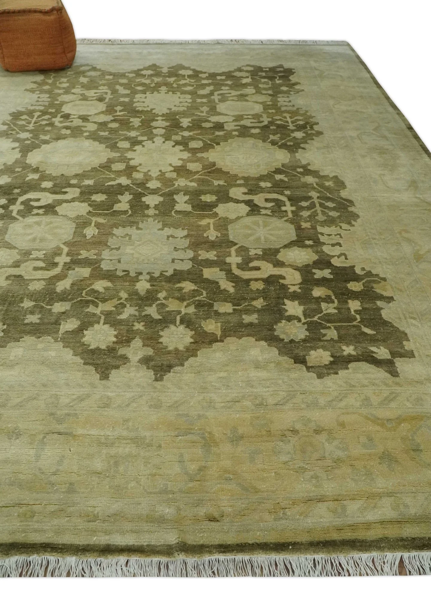 Antique Style 10x14 Hand Knotted Brown and Beige Traditional Oushak Wool Rug, Large Rug | N3751014 - Image 3