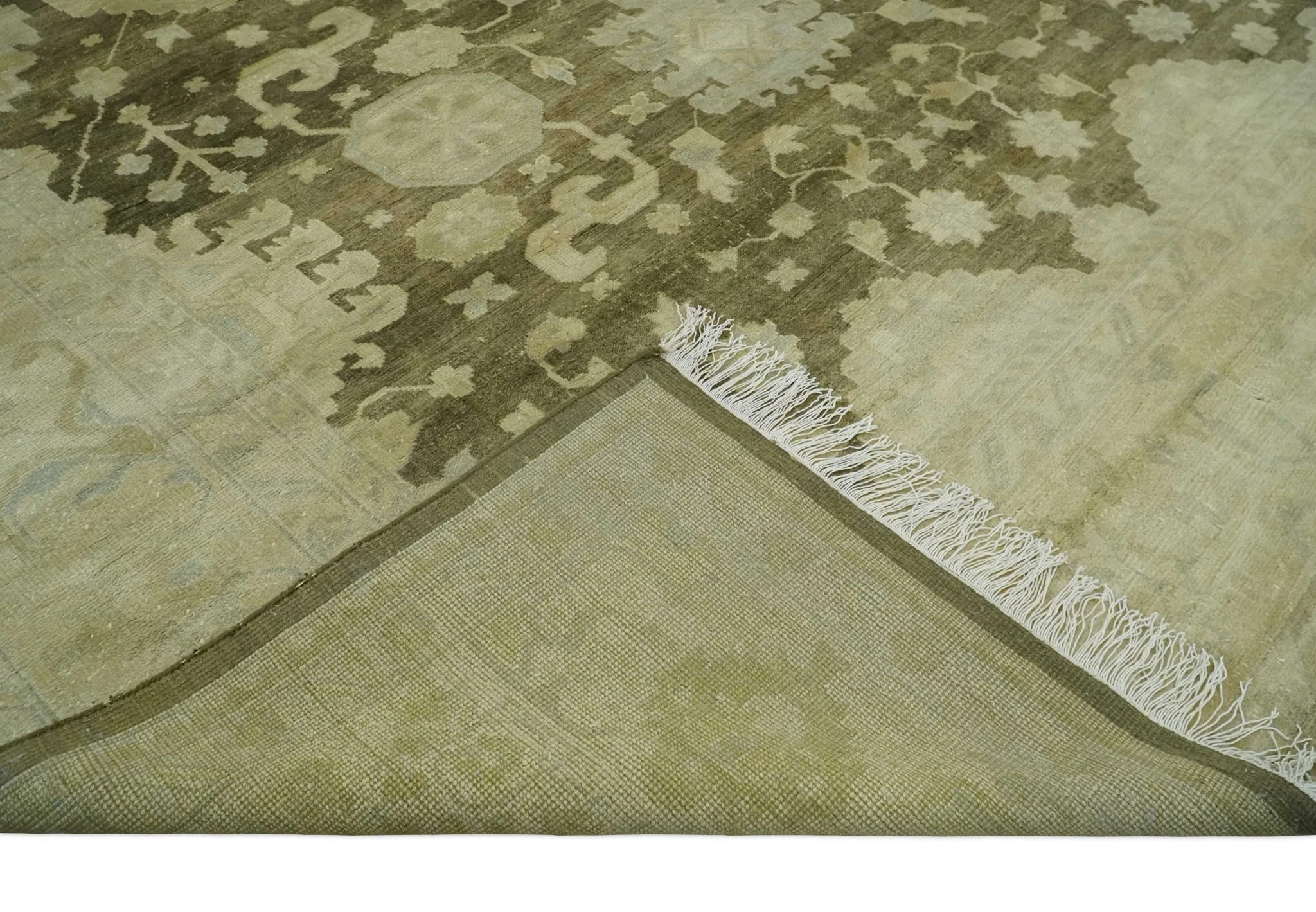 Antique Style 10x14 Hand Knotted Brown and Beige Traditional Oushak Wool Rug, Large Rug | N3751014 - Image 7