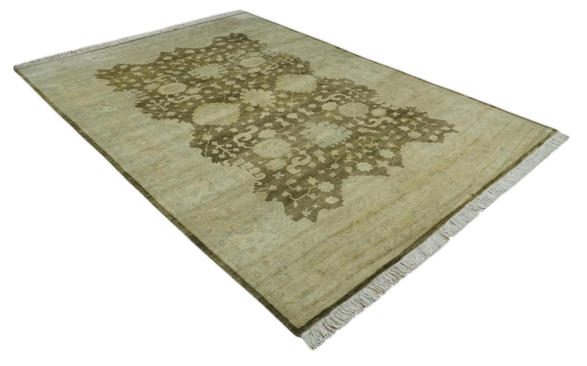 Antique Style 10x14 Hand Knotted Brown and Beige Traditional Oushak Wool Rug, Large Rug | N3751014 - Image 9