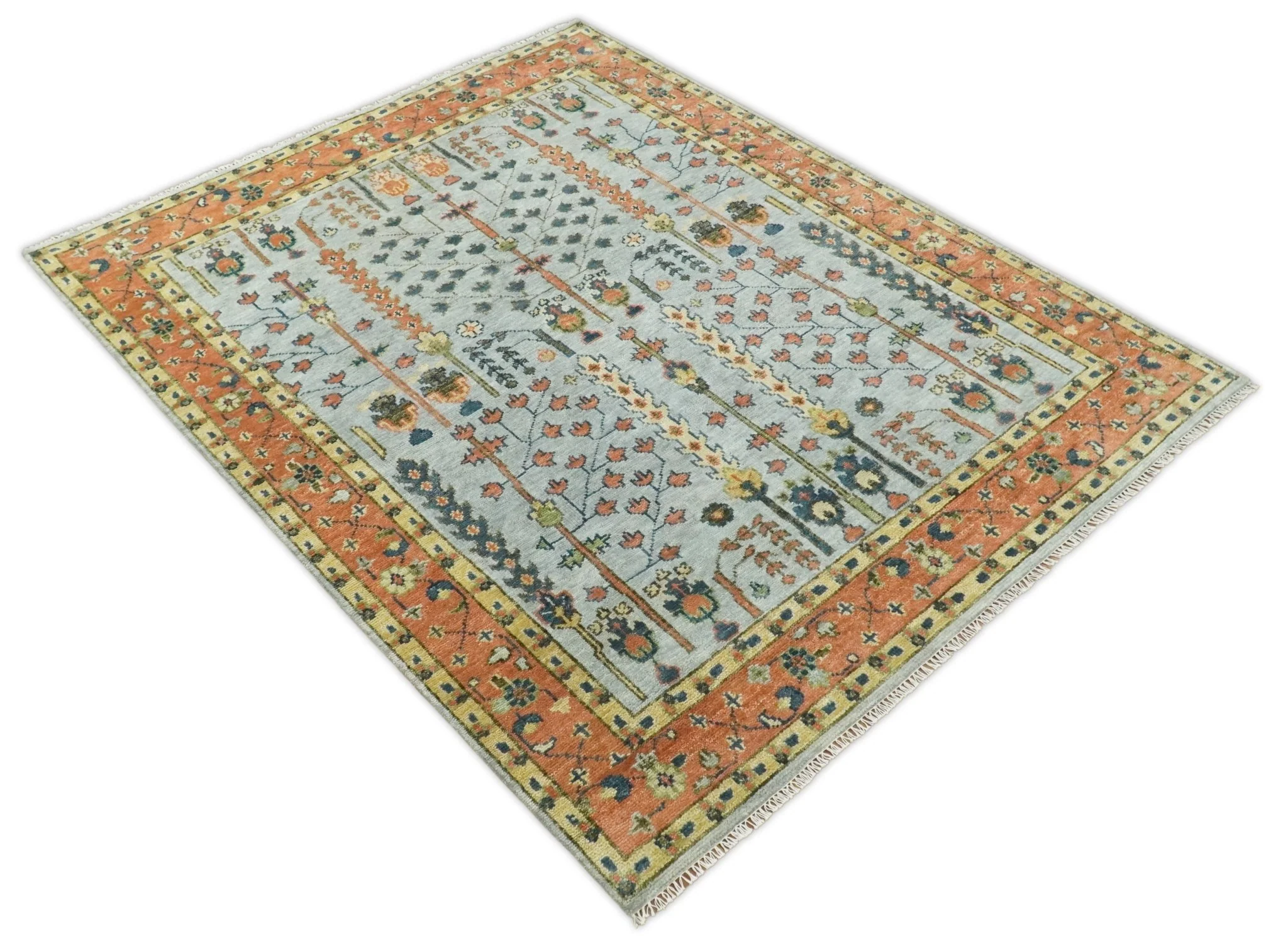 Hand Knotted Rust and Blue Traditional Turkish Vintage Multi Size Wool Rug - Image 4