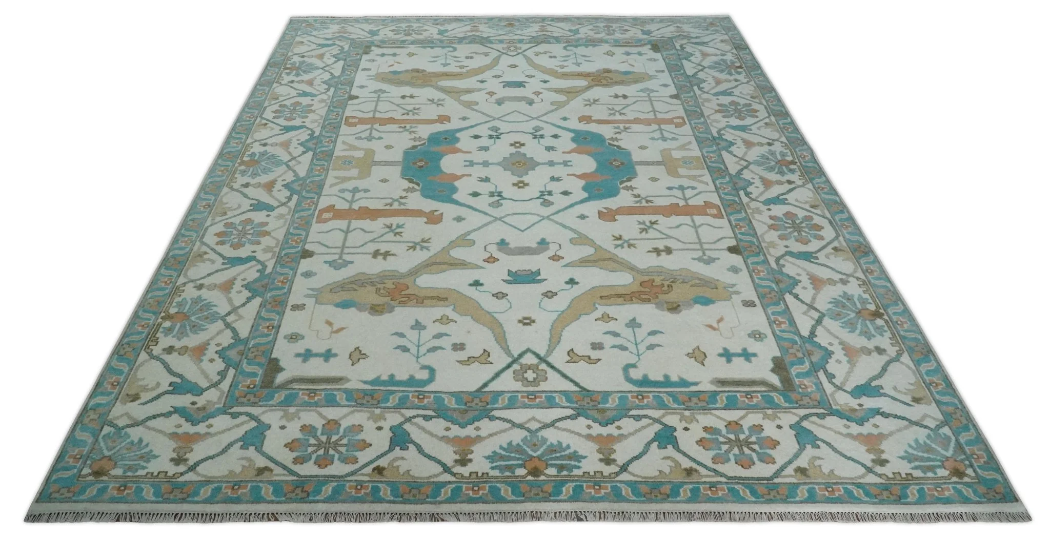 10x14 Ivory and Teal Hand knotted Oriental Oushak Traditional Wool Area Rug - Image 10