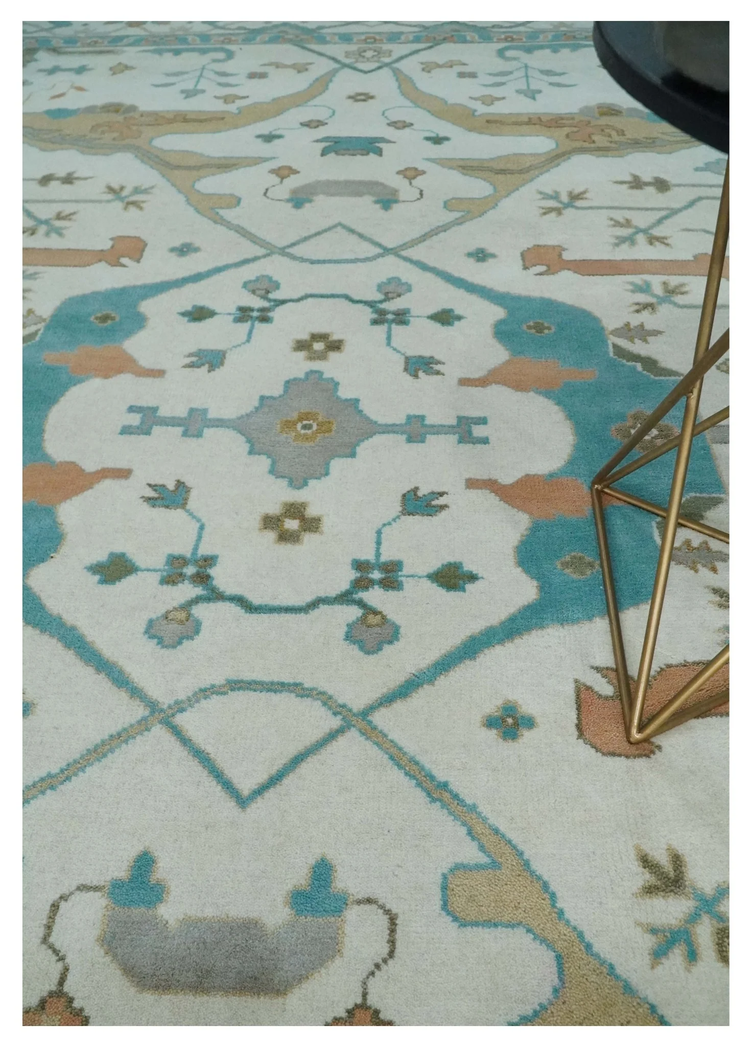 10x14 Ivory and Teal Hand knotted Oriental Oushak Traditional Wool Area Rug - Image 2