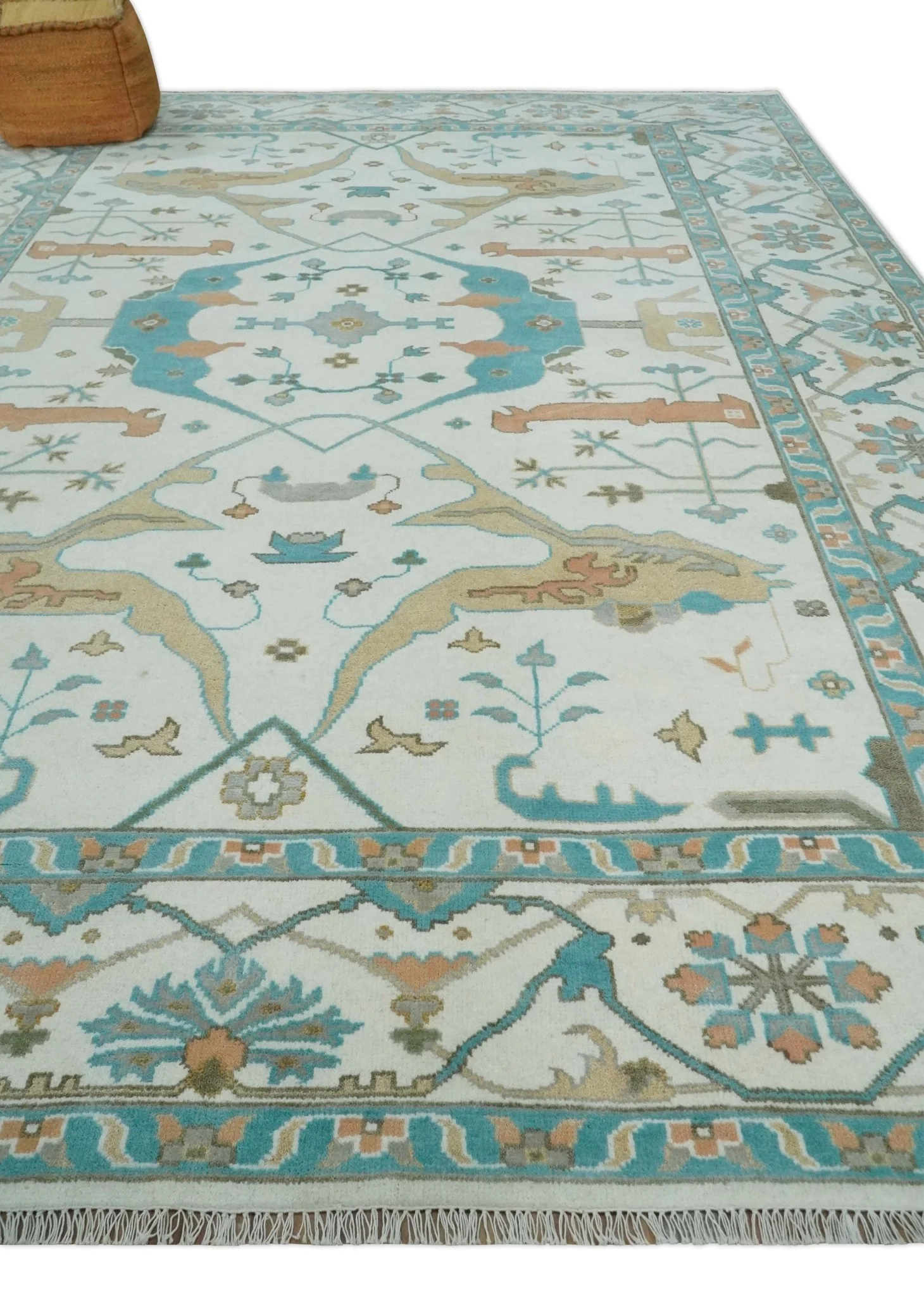 10x14 Ivory and Teal Hand knotted Oriental Oushak Traditional Wool Area Rug - Image 3