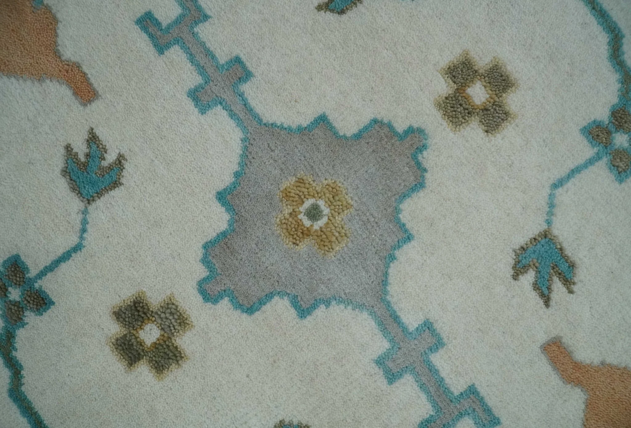 10x14 Ivory and Teal Hand knotted Oriental Oushak Traditional Wool Area Rug - Image 4