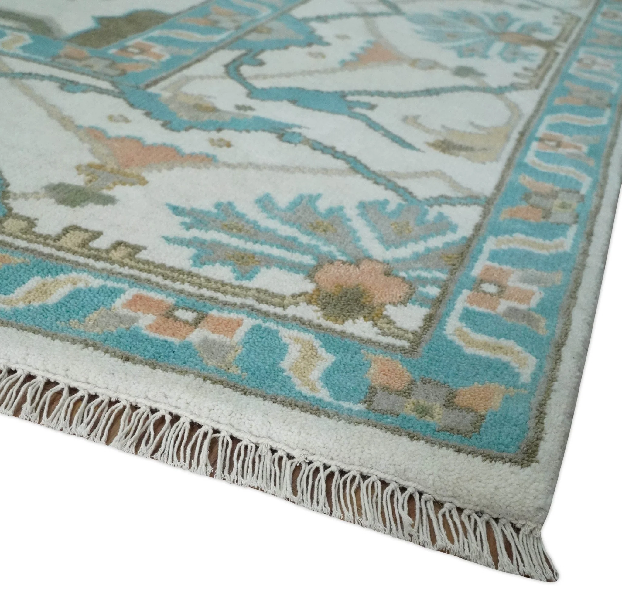 10x14 Ivory and Teal Hand knotted Oriental Oushak Traditional Wool Area Rug - Image 5