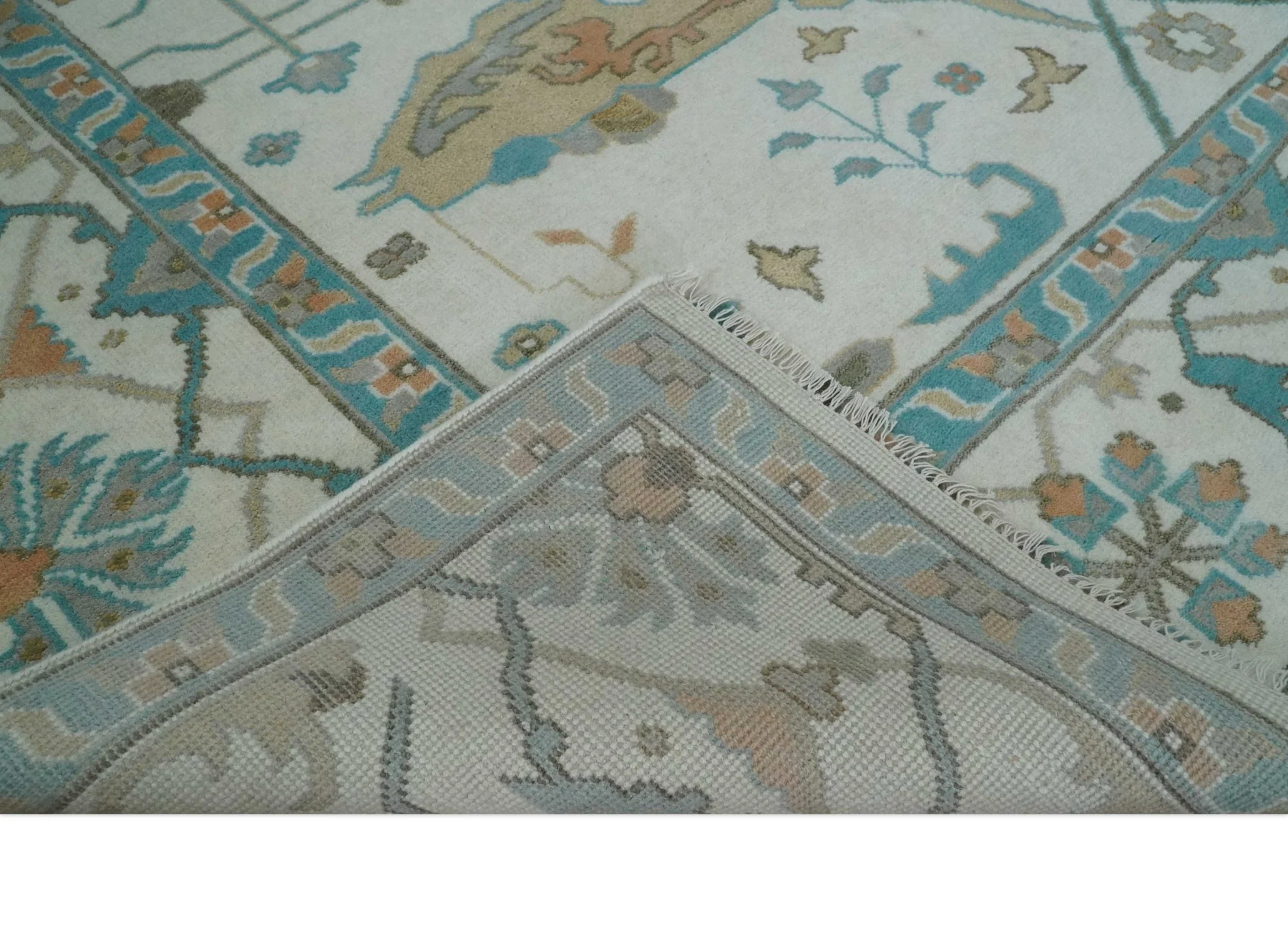10x14 Ivory and Teal Hand knotted Oriental Oushak Traditional Wool Area Rug - Image 6