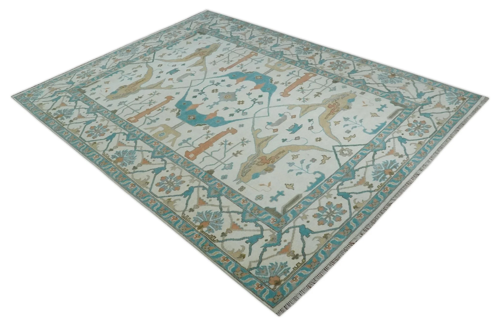 10x14 Ivory and Teal Hand knotted Oriental Oushak Traditional Wool Area Rug - Image 9