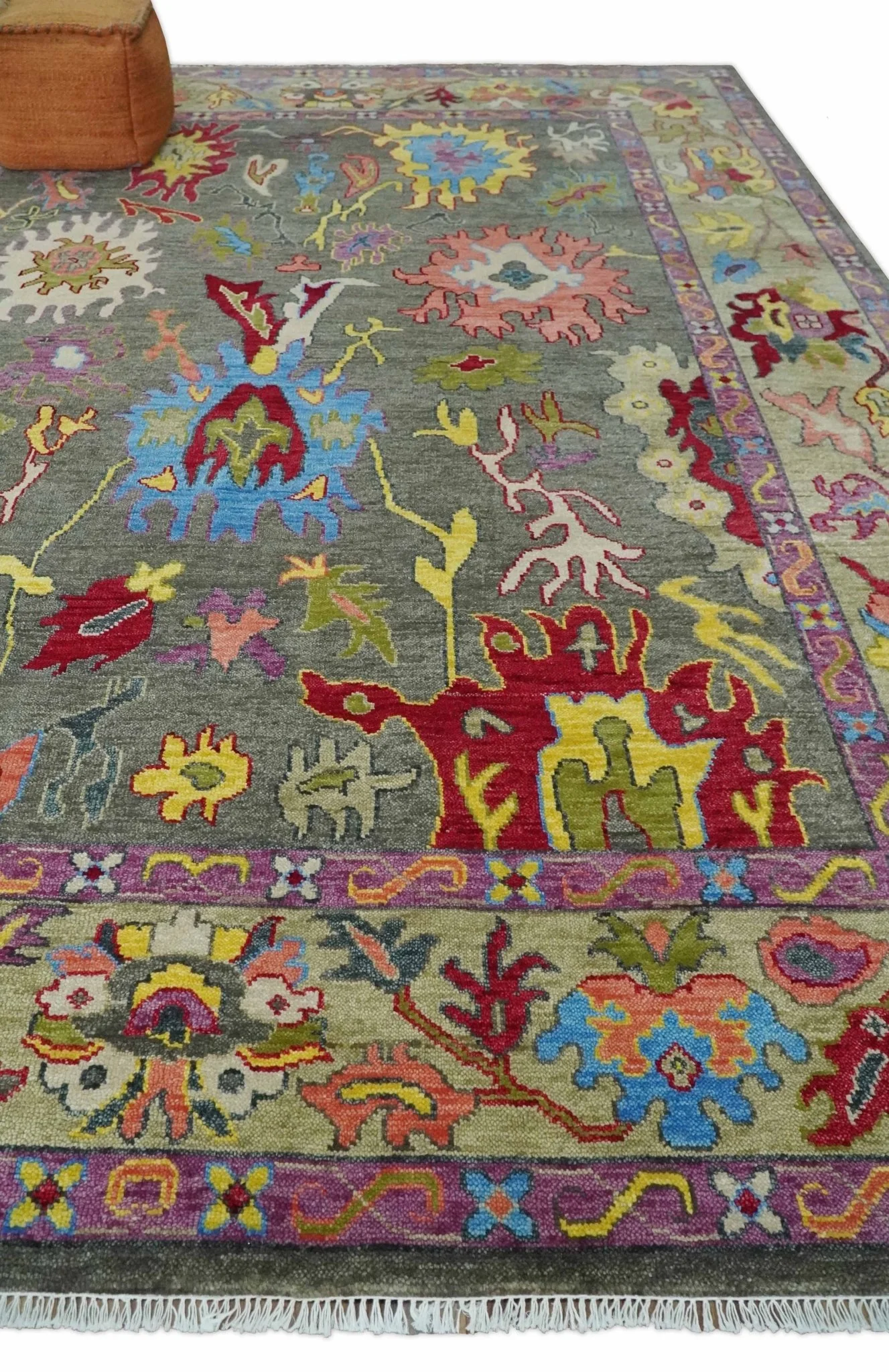 10x14 Wool Traditional Persian Gray and Olive Vibrant Colorful Hand knotted Oushak Area Rug | TRDCP10501014S - Image 3