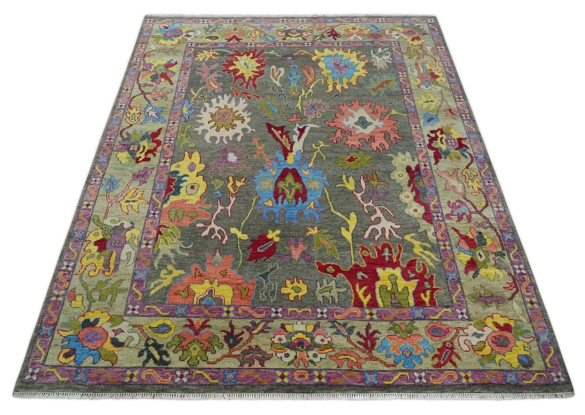 10x14 Wool Traditional Persian Gray and Olive Vibrant Colorful Hand knotted Oushak Area Rug | TRDCP10501014S - Image 4