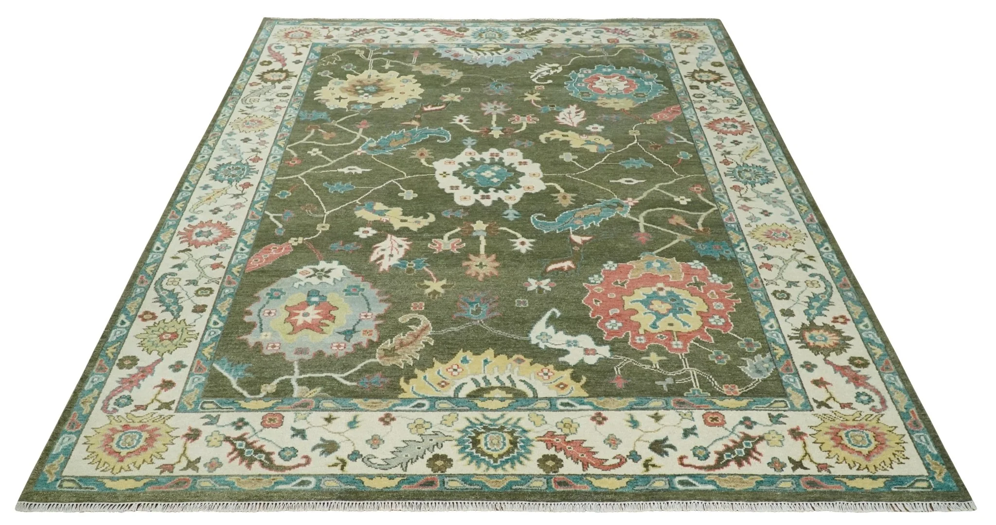 10x14 Wool Traditional Persian Olive and Ivory Vibrant Colorful Hand knotted Oushak Area Rug | TRDCP10621014 - Image 10