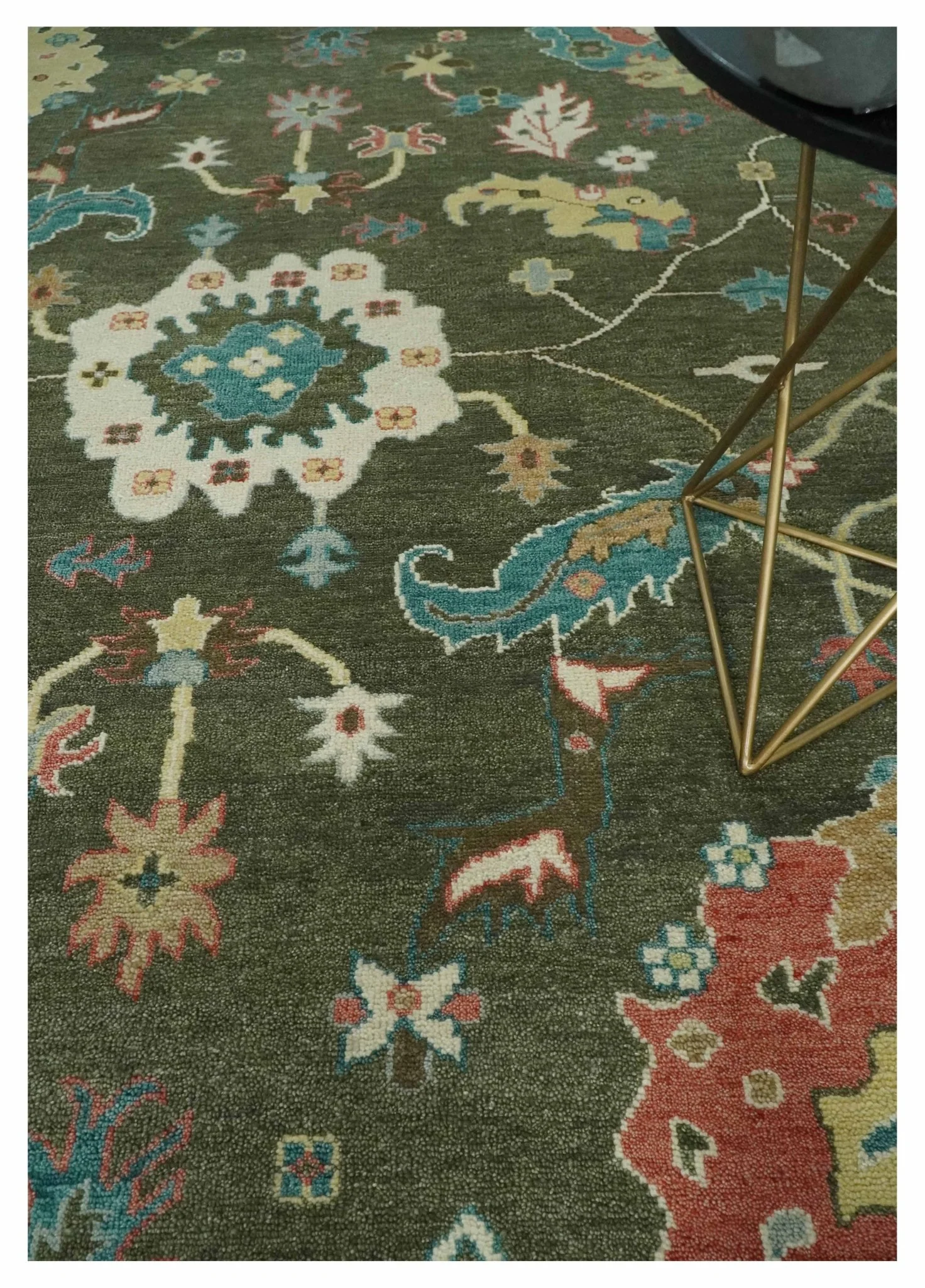 10x14 Wool Traditional Persian Olive and Ivory Vibrant Colorful Hand knotted Oushak Area Rug | TRDCP10621014 - Image 2