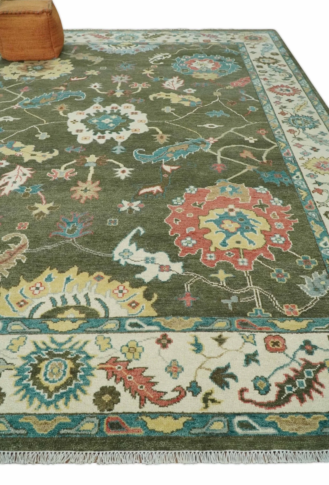 10x14 Wool Traditional Persian Olive and Ivory Vibrant Colorful Hand knotted Oushak Area Rug | TRDCP10621014 - Image 3