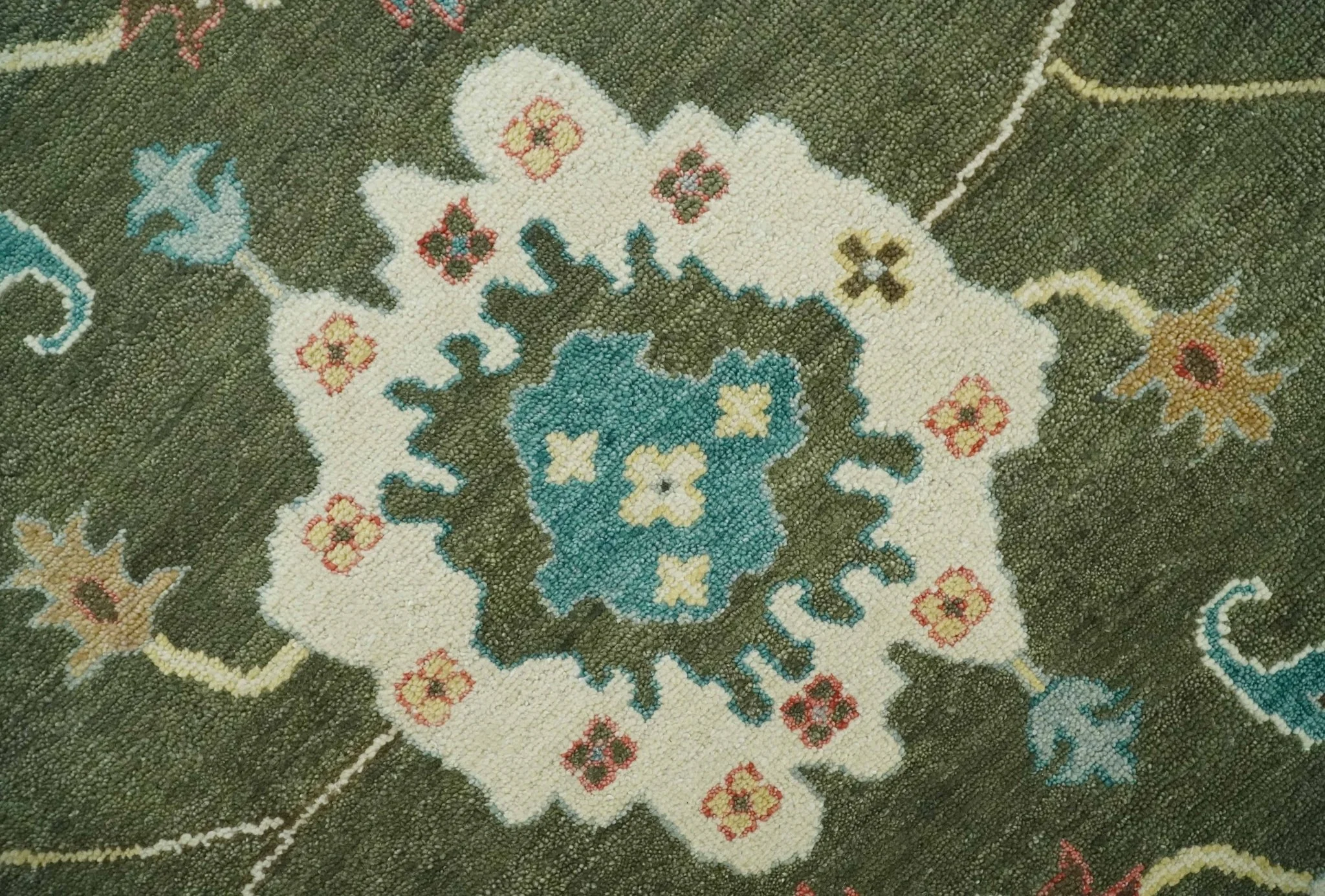 10x14 Wool Traditional Persian Olive and Ivory Vibrant Colorful Hand knotted Oushak Area Rug | TRDCP10621014 - Image 4