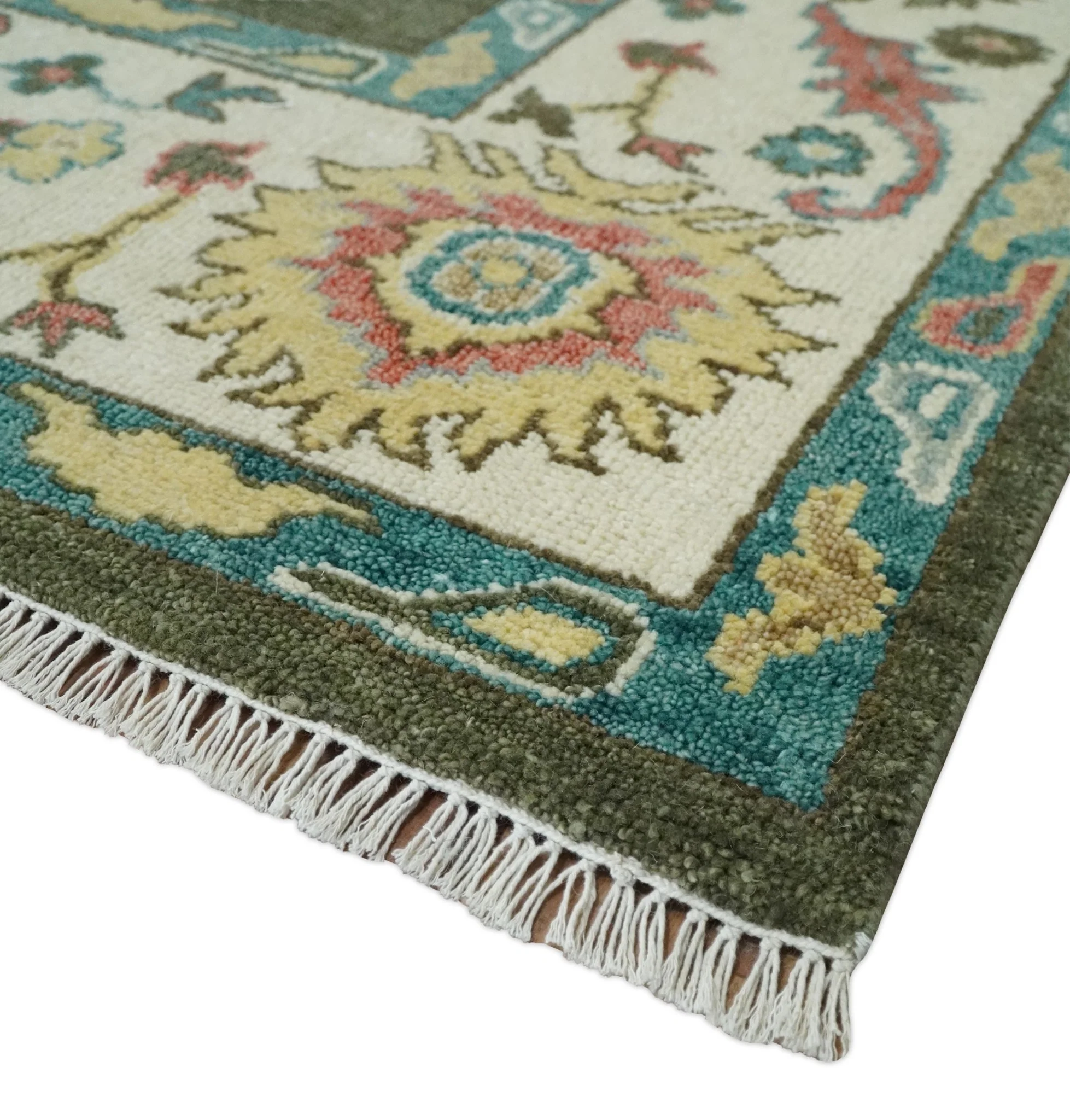 10x14 Wool Traditional Persian Olive and Ivory Vibrant Colorful Hand knotted Oushak Area Rug | TRDCP10621014 - Image 5