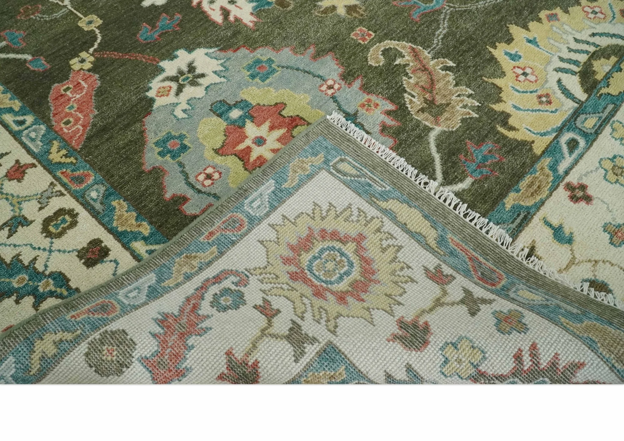10x14 Wool Traditional Persian Olive and Ivory Vibrant Colorful Hand knotted Oushak Area Rug | TRDCP10621014 - Image 6