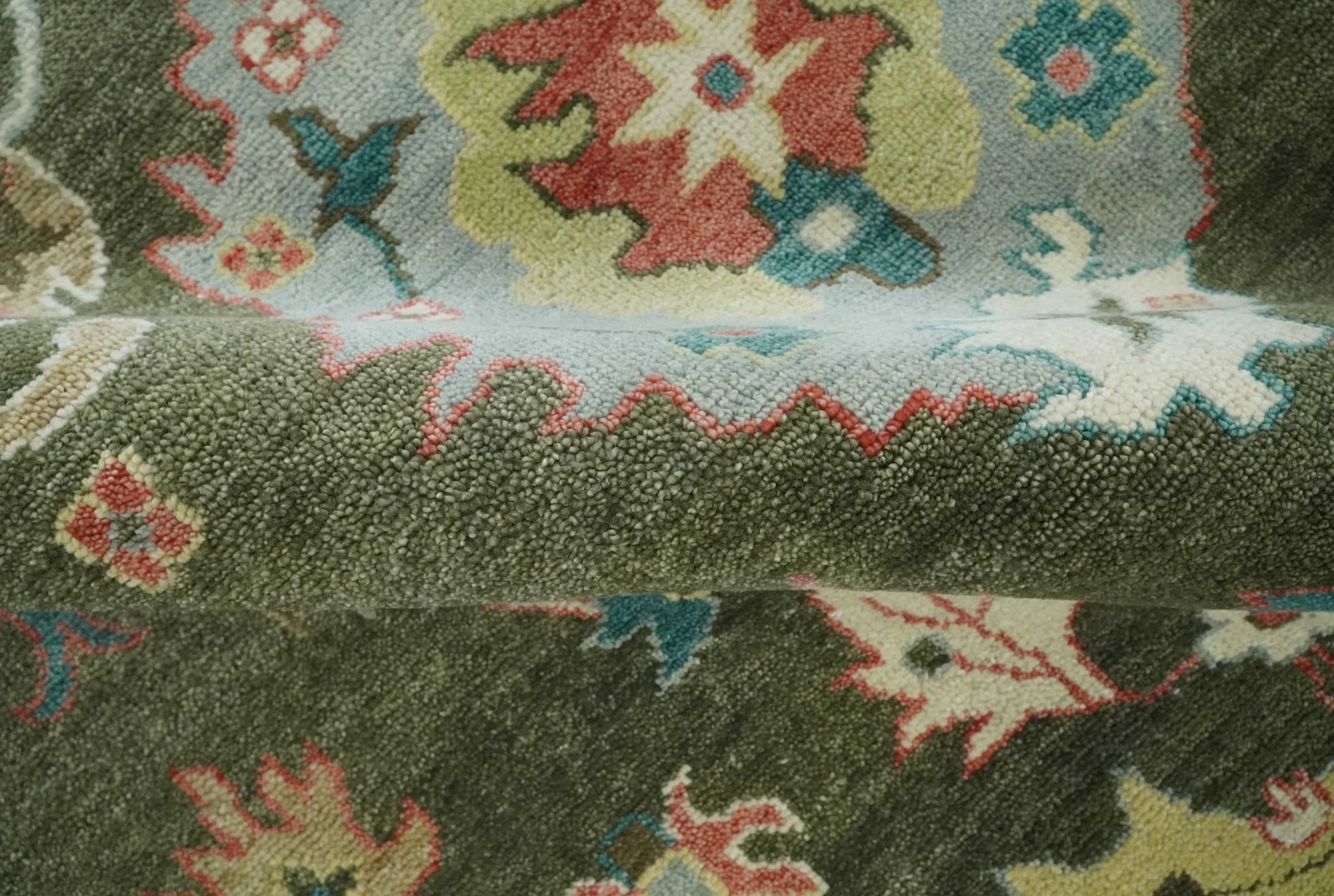 10x14 Wool Traditional Persian Olive and Ivory Vibrant Colorful Hand knotted Oushak Area Rug | TRDCP10621014 - Image 7