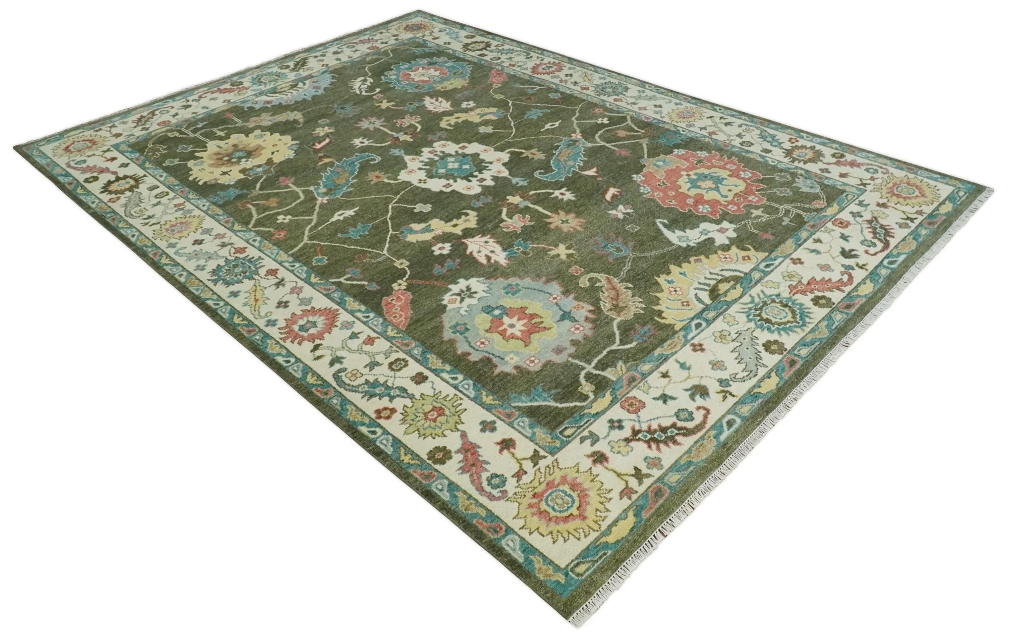 10x14 Wool Traditional Persian Olive and Ivory Vibrant Colorful Hand knotted Oushak Area Rug | TRDCP10621014 - Image 9